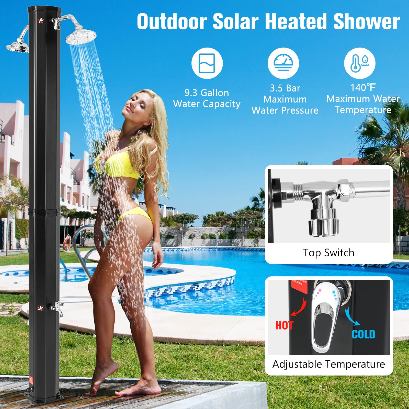 Goplus 7.2 FT Solar Heated Shower, Outdoor Shower with Dual Swivel Shower Heads & 2 Foot Showers - Image 3