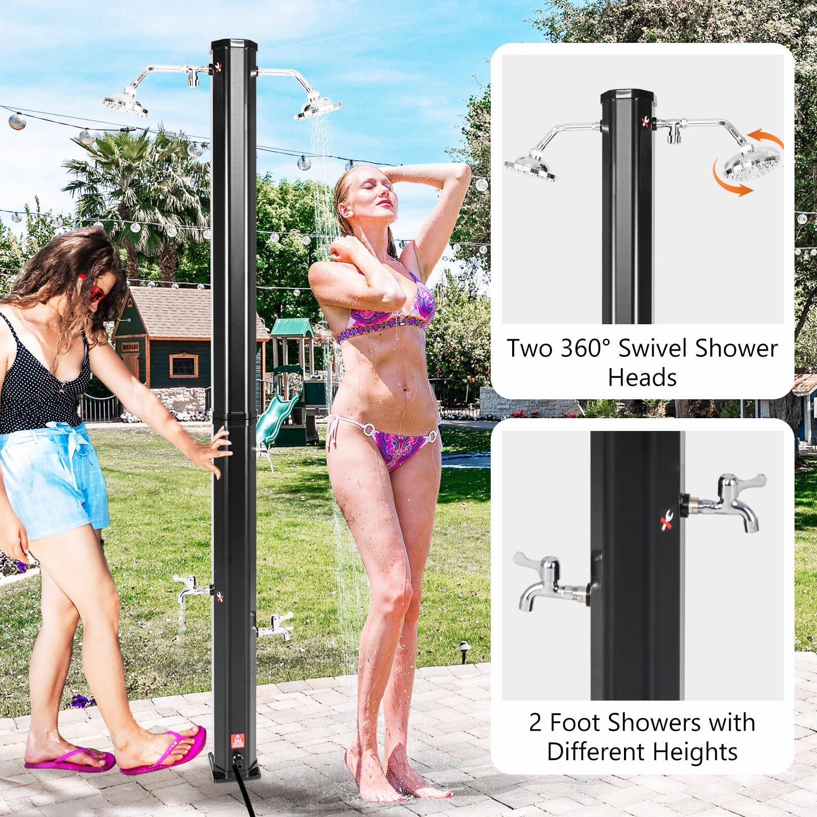 Goplus 7.2 FT Solar Heated Shower, Outdoor Shower with Dual Swivel Shower Heads & 2 Foot Showers - Image 4