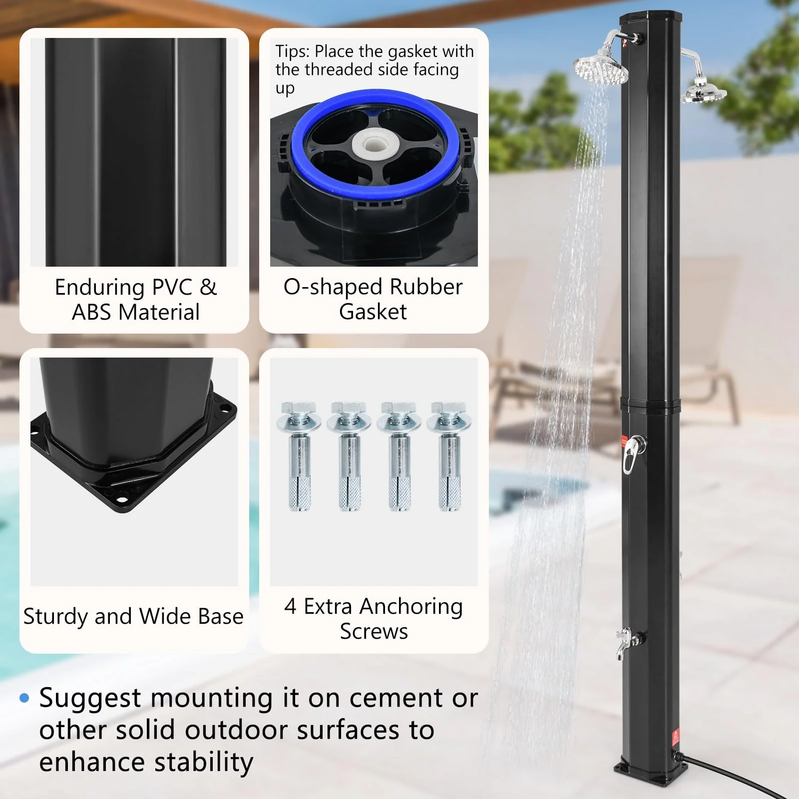 Goplus 7.2 FT Solar Heated Shower, Outdoor Shower with Dual Swivel Shower Heads & 2 Foot Showers - Image 6