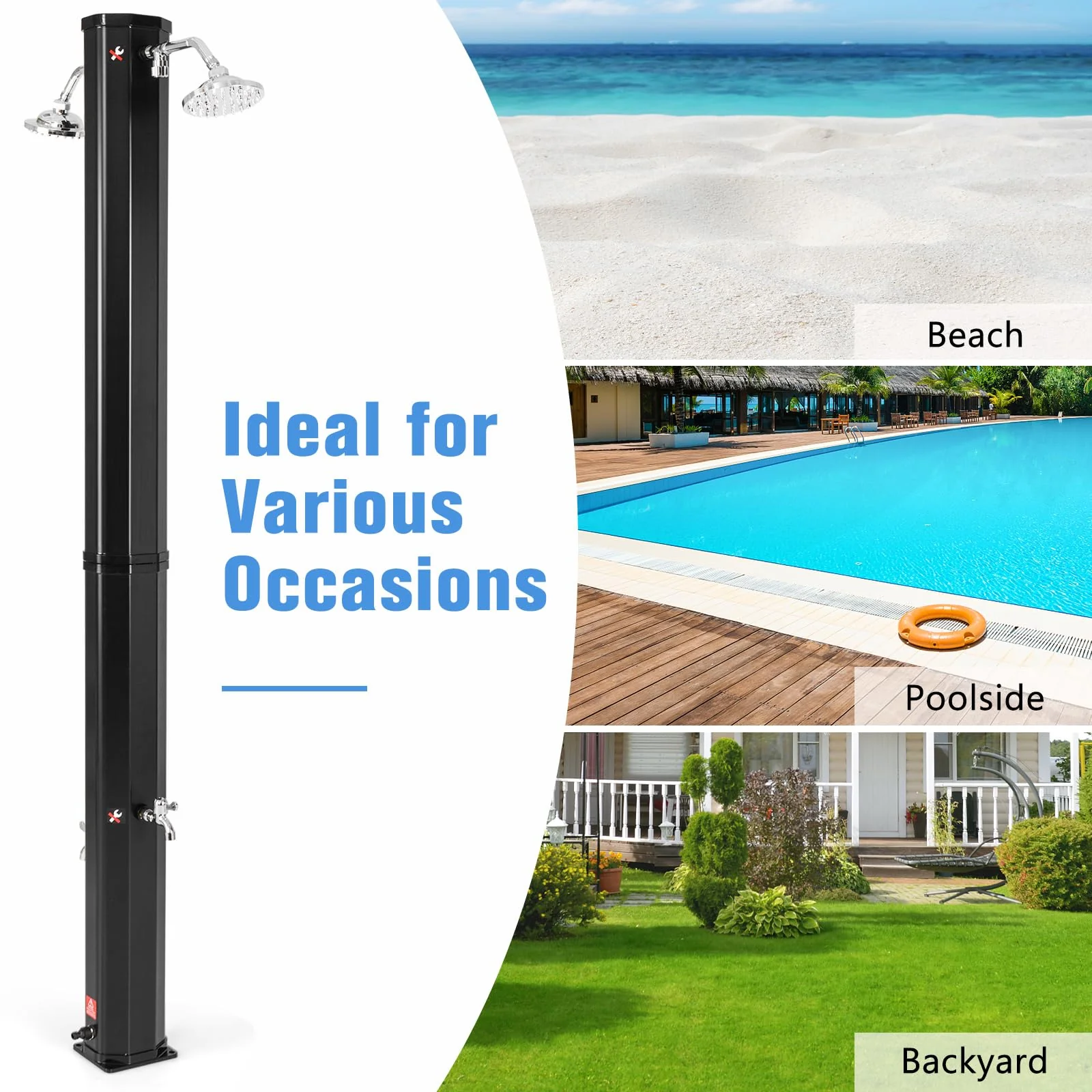 Goplus 7.2 FT Solar Heated Shower, Outdoor Shower with Dual Swivel Shower Heads & 2 Foot Showers - Image 7