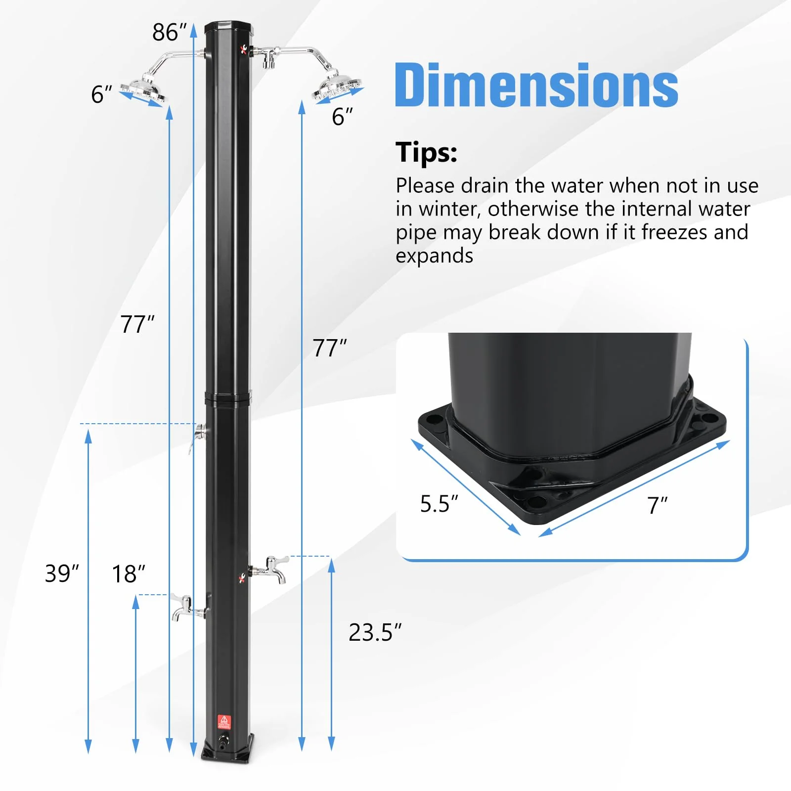 Goplus 7.2 FT Solar Heated Shower, Outdoor Shower with Dual Swivel Shower Heads & 2 Foot Showers - Image 8