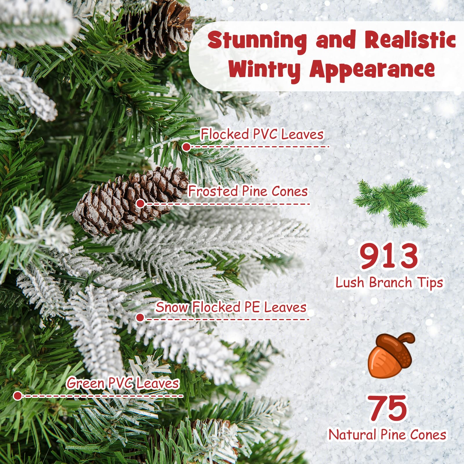 Goplus 7.5 FT Pre-Lit Pencil Christmas Tree, Artificial Snow Flocked Hinged Fake Slim Xmas Tree with 350 Warm-White LED Lights - Image 3
