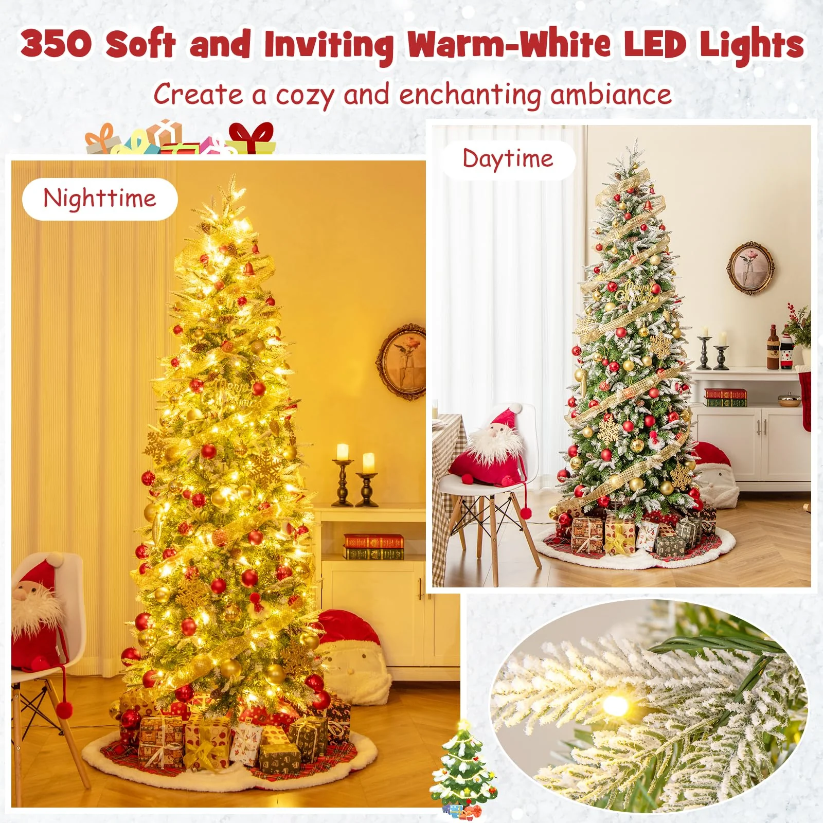 Goplus 7.5 FT Pre-Lit Pencil Christmas Tree, Artificial Snow Flocked Hinged Fake Slim Xmas Tree with 350 Warm-White LED Lights - Image 4