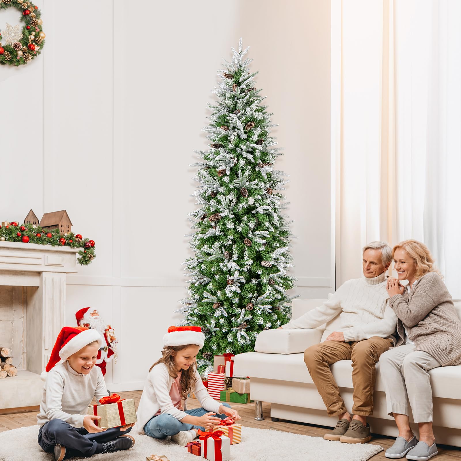 Goplus 7.5 FT Pre-Lit Pencil Christmas Tree, Artificial Snow Flocked Hinged Fake Slim Xmas Tree with 350 Warm-White LED Lights - Image 9