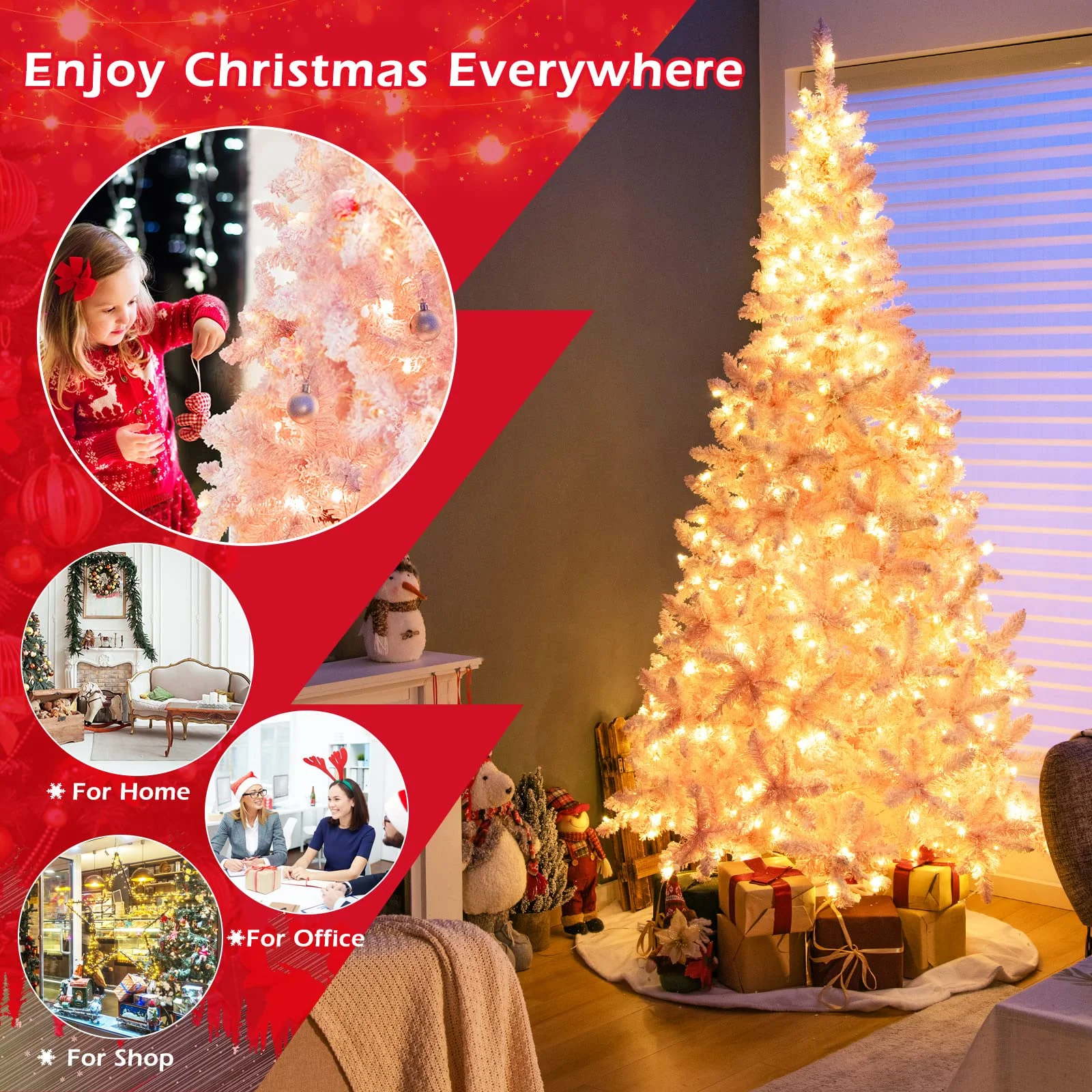 Goplus 7.5ft Pink Pre-Lit Christmas Tree, Hinged Artificial Snow Flocked Xmas Tree with 1100 PVC Branch Tips, 450 LED Lights - Image 3