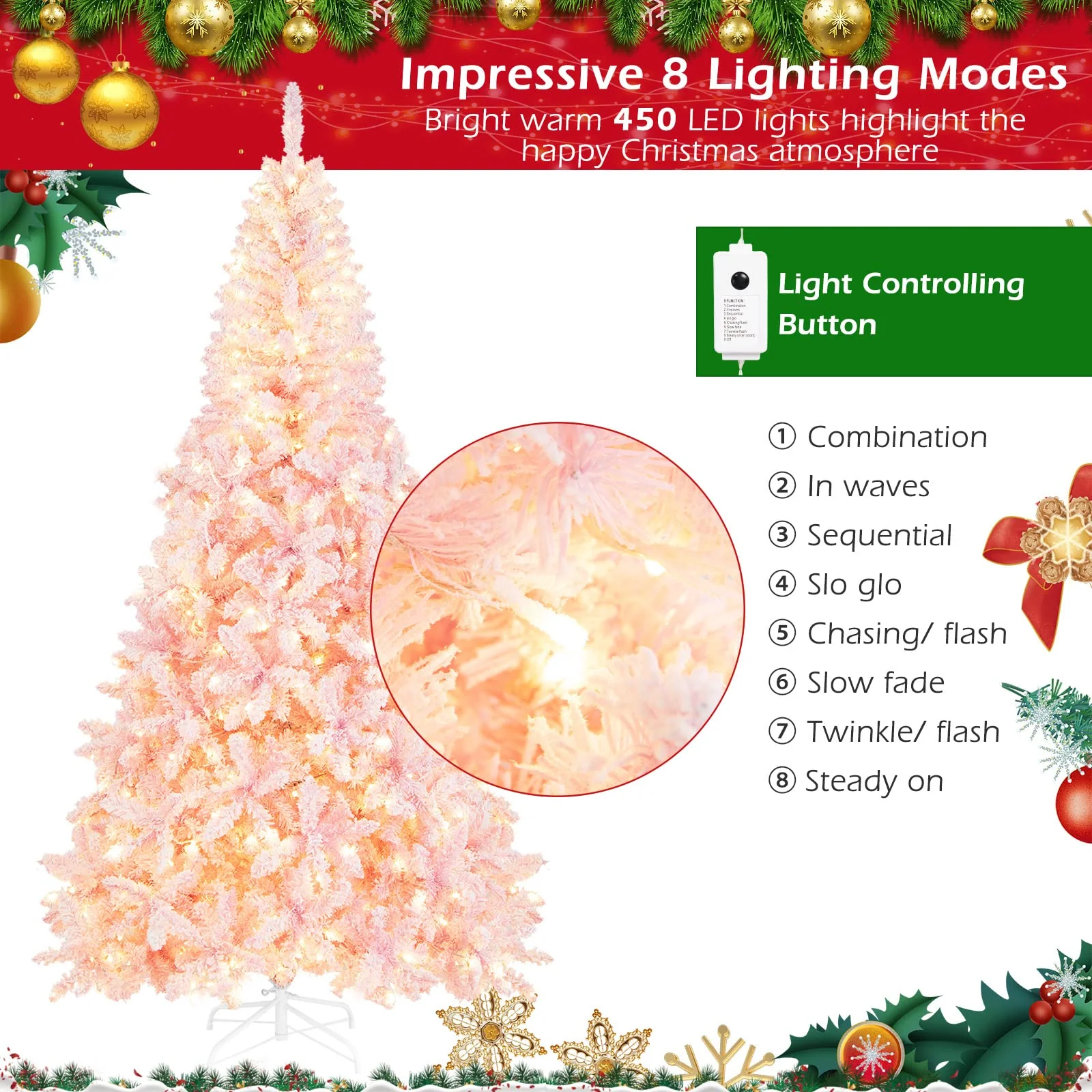 Goplus 7.5ft Pink Pre-Lit Christmas Tree, Hinged Artificial Snow Flocked Xmas Tree with 1100 PVC Branch Tips, 450 LED Lights - Image 4