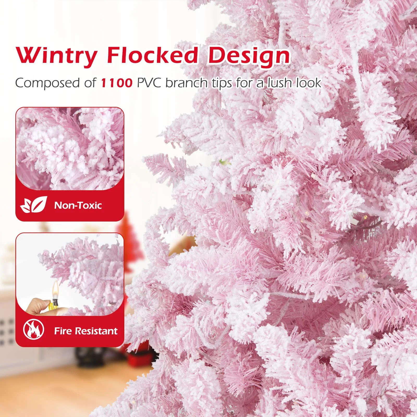 Goplus 7.5ft Pink Pre-Lit Christmas Tree, Hinged Artificial Snow Flocked Xmas Tree with 1100 PVC Branch Tips, 450 LED Lights - Image 5