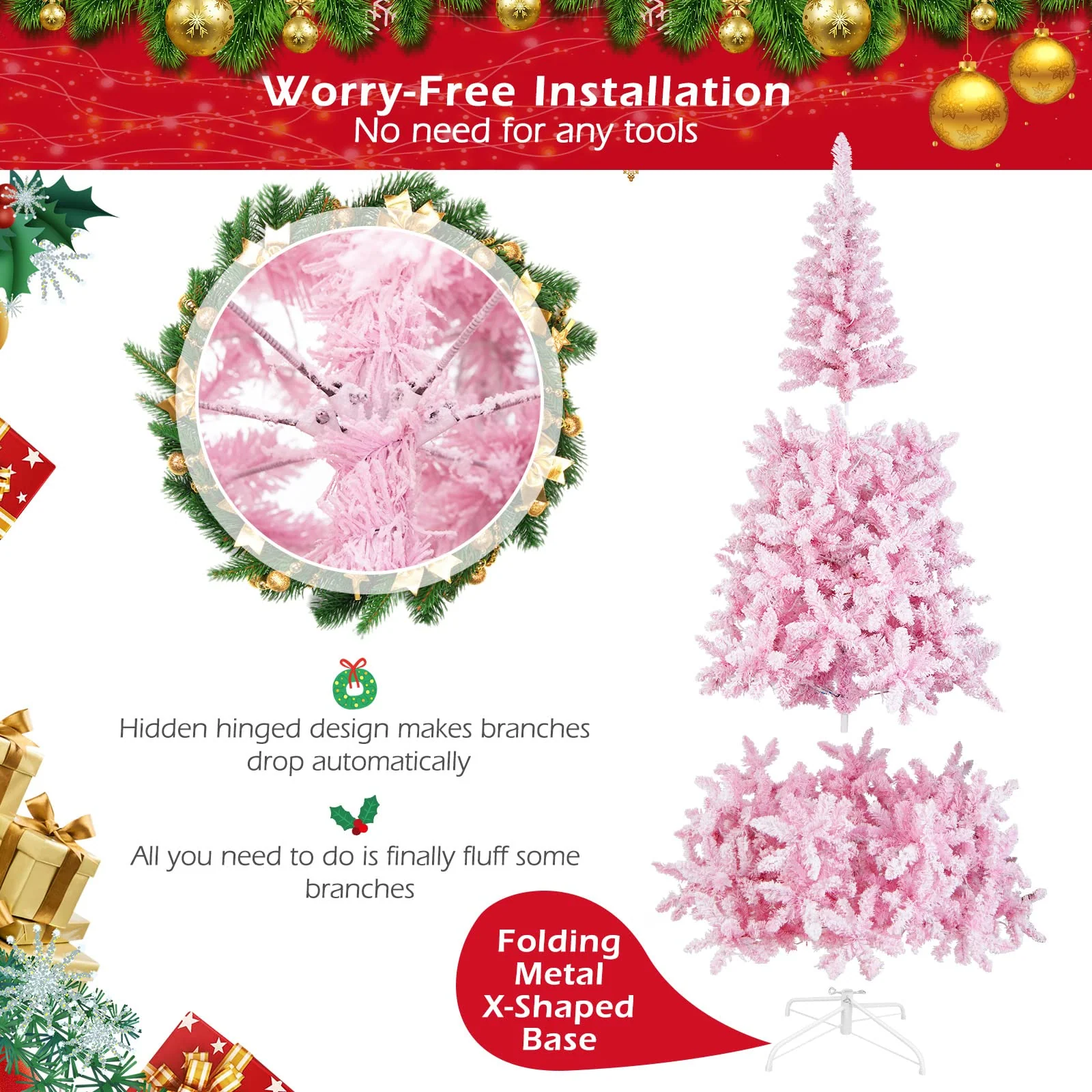 Goplus 7.5ft Pink Pre-Lit Christmas Tree, Hinged Artificial Snow Flocked Xmas Tree with 1100 PVC Branch Tips, 450 LED Lights - Image 6
