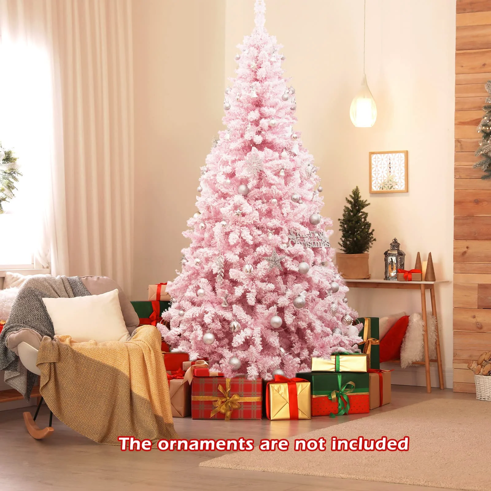 Goplus 7.5ft Pink Pre-Lit Christmas Tree, Hinged Artificial Snow Flocked Xmas Tree with 1100 PVC Branch Tips, 450 LED Lights - Image 7