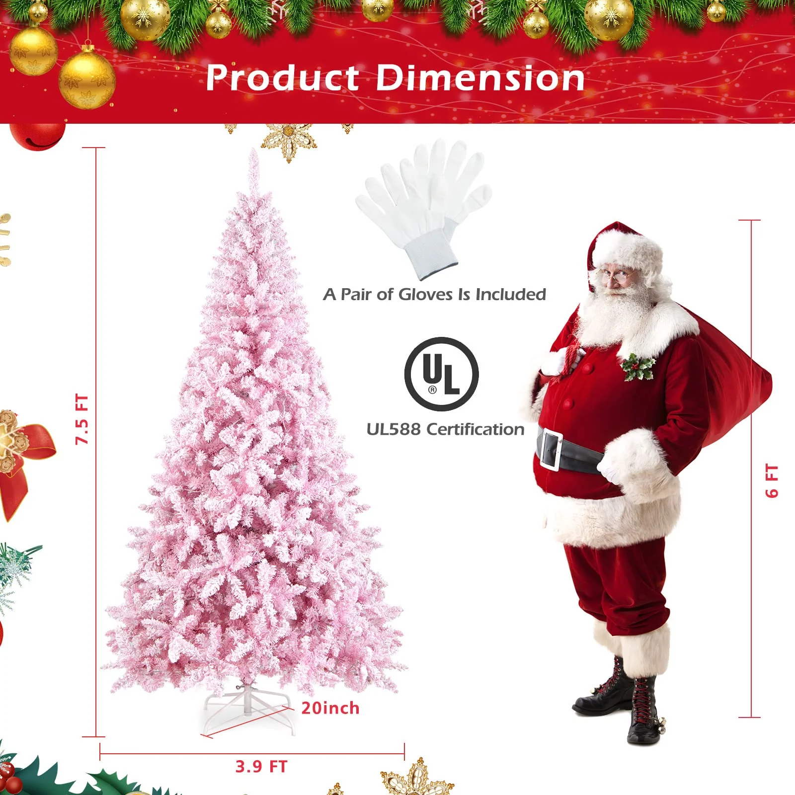 Goplus 7.5ft Pink Pre-Lit Christmas Tree, Hinged Artificial Snow Flocked Xmas Tree with 1100 PVC Branch Tips, 450 LED Lights - Image 8