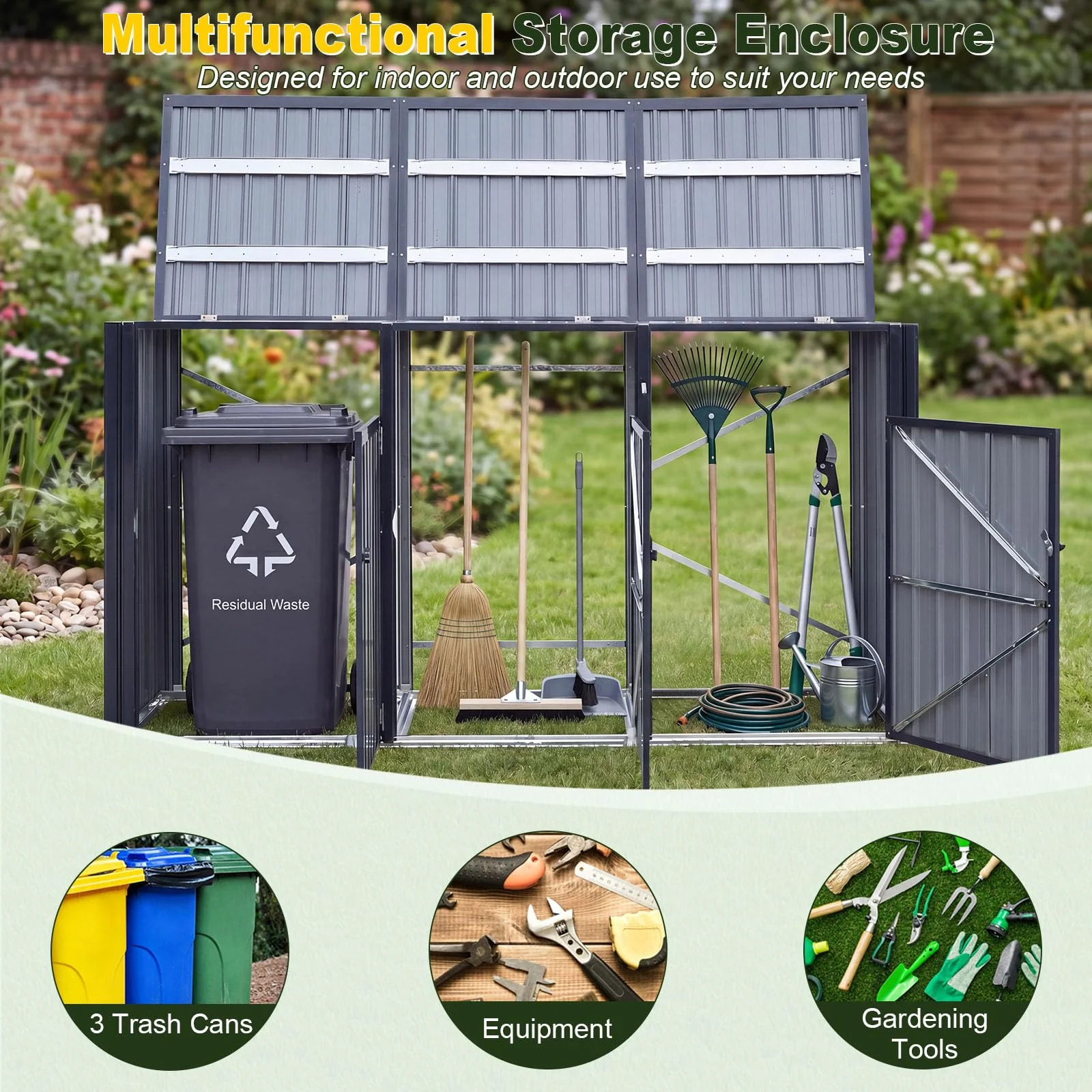 Goplus 7.8 x 2.6 FT Outdoor Trash Can Storage 3-Bin Metal Garbage Shed with Flip-Up Lids - Image 4