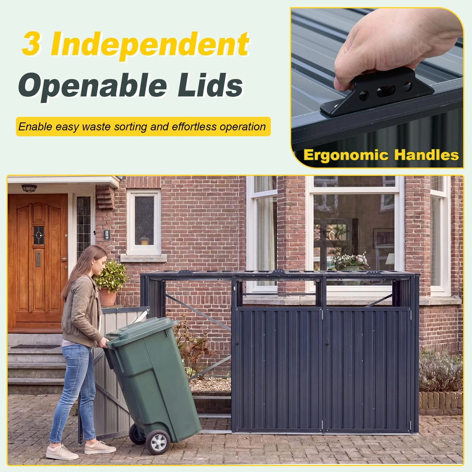 Goplus 7.8 x 2.6 FT Outdoor Trash Can Storage 3-Bin Metal Garbage Shed with Flip-Up Lids - Image 5