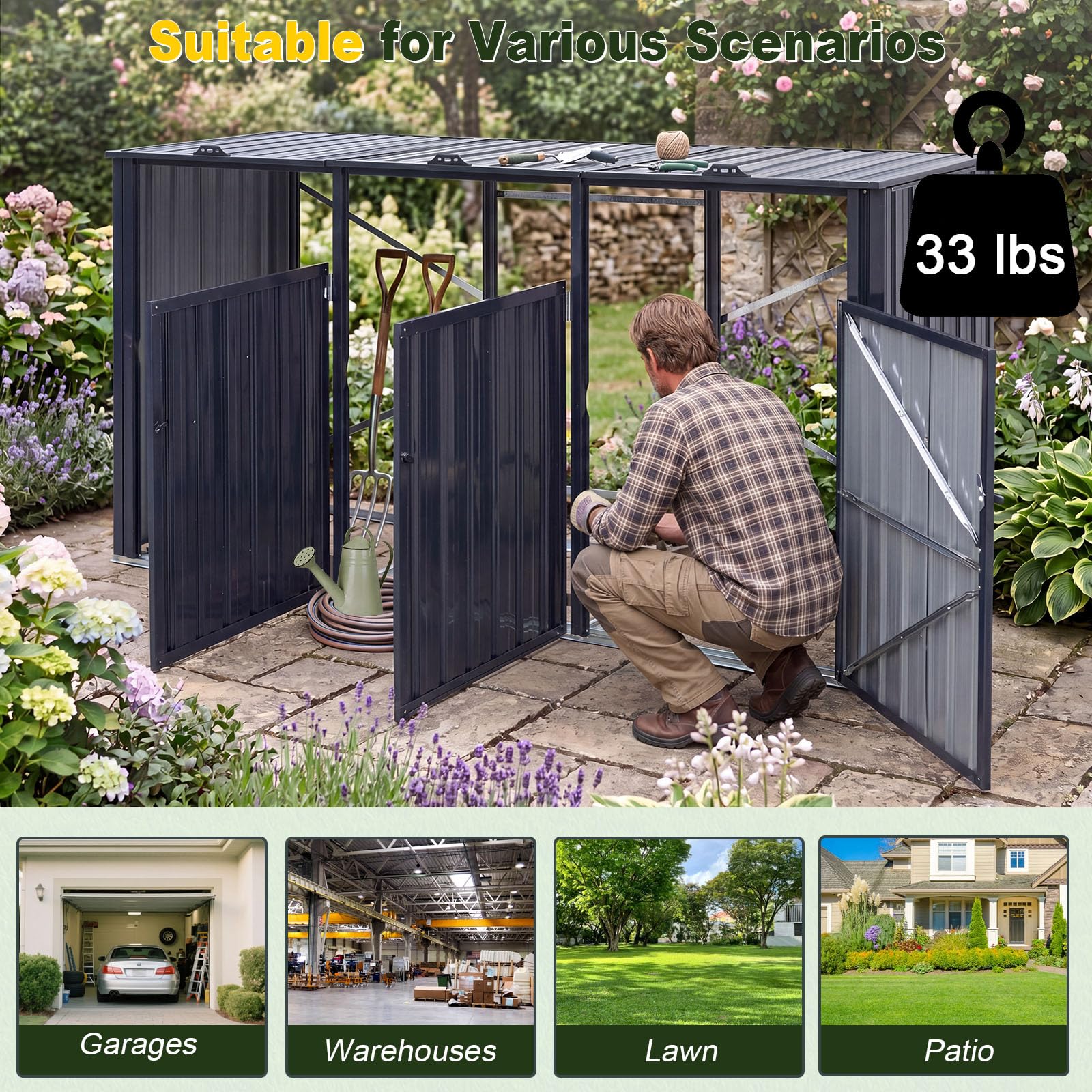 Goplus 7.8 x 2.6 FT Outdoor Trash Can Storage 3-Bin Metal Garbage Shed with Flip-Up Lids - Image 6