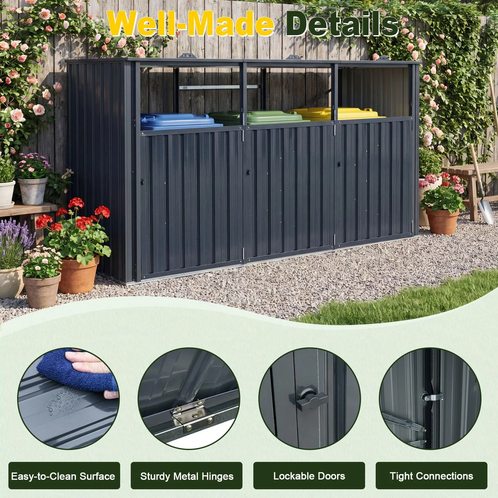 Goplus 7.8 x 2.6 FT Outdoor Trash Can Storage 3-Bin Metal Garbage Shed with Flip-Up Lids - Image 7