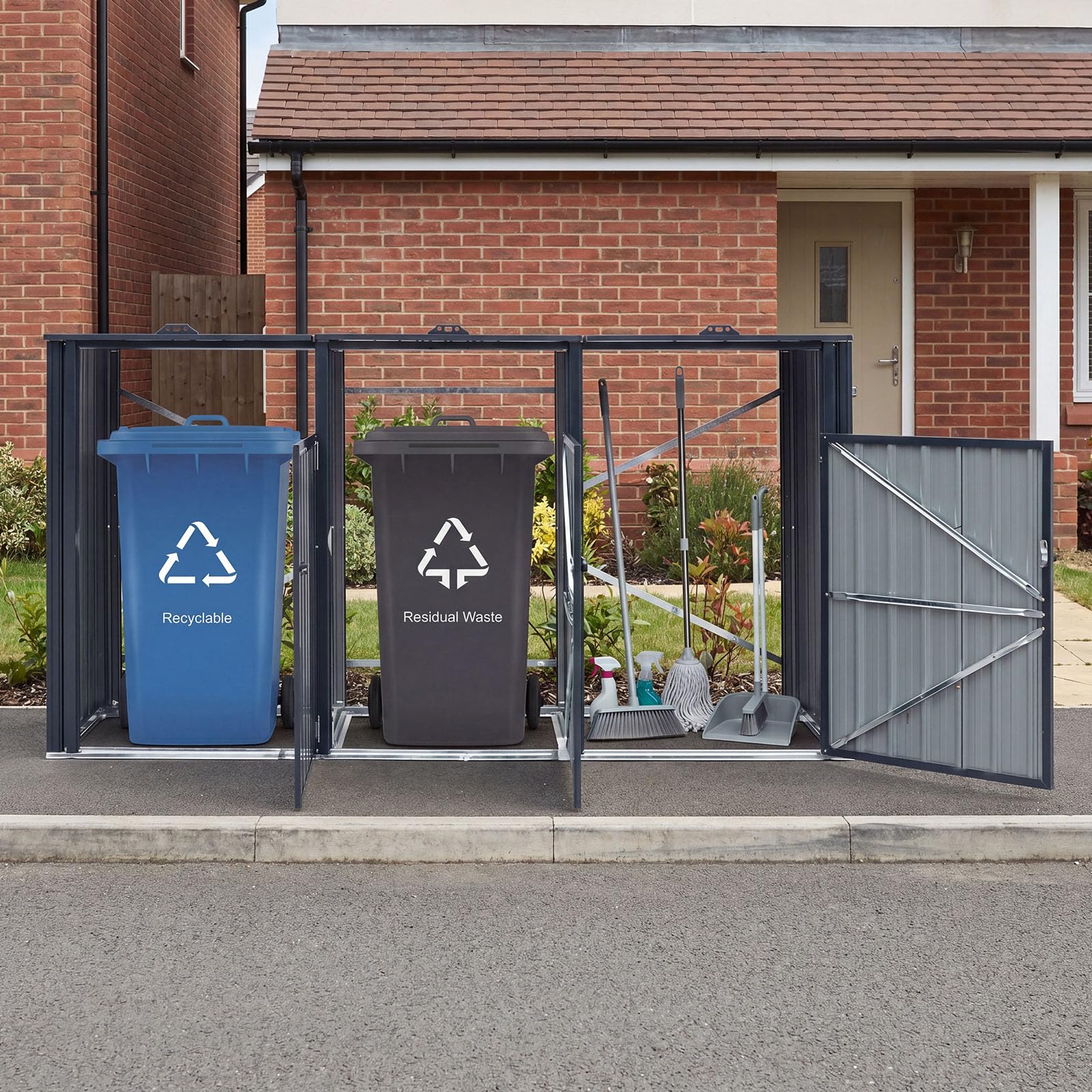 Goplus 7.8 x 2.6 FT Outdoor Trash Can Storage 3-Bin Metal Garbage Shed with Flip-Up Lids - Image 8