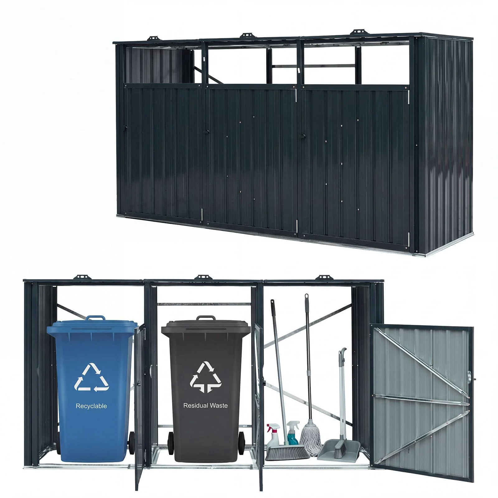 Goplus 7.8 x 2.6 FT Outdoor Trash Can Storage 3-Bin Metal Garbage Shed with Flip-Up Lids - Image 9