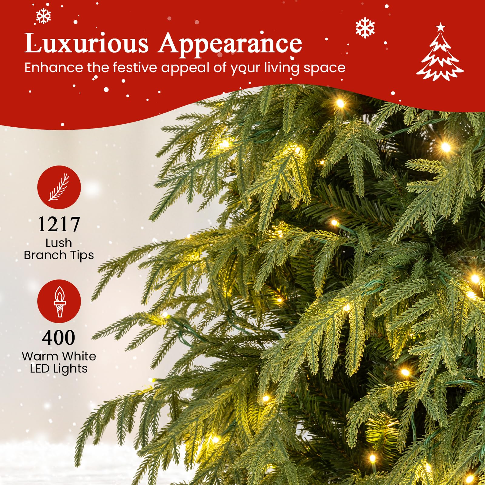 Goplus 7 FT Pre-Lit Artificial Christmas Tree, Hinged Faux Xmas Tree with 1217 Soft TPE & PVC Mixed Branch Tips - Image 3