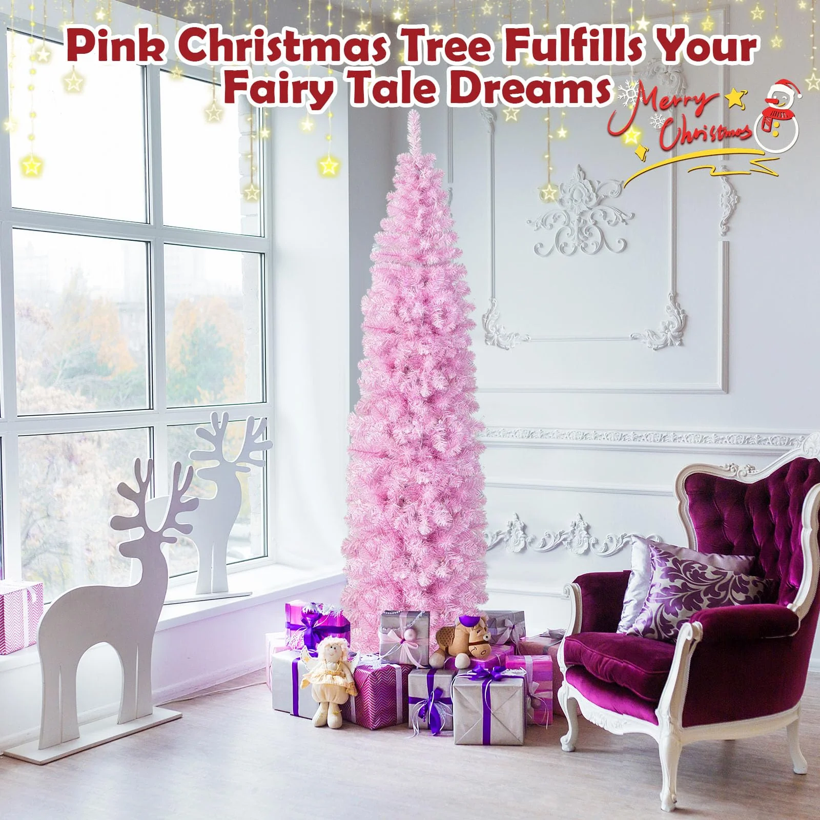 Goplus 7 FT Pre-Lit Pencil Christmas Tree with 670 Branch Tips & 350 Cold White LED Lights - Image 8
