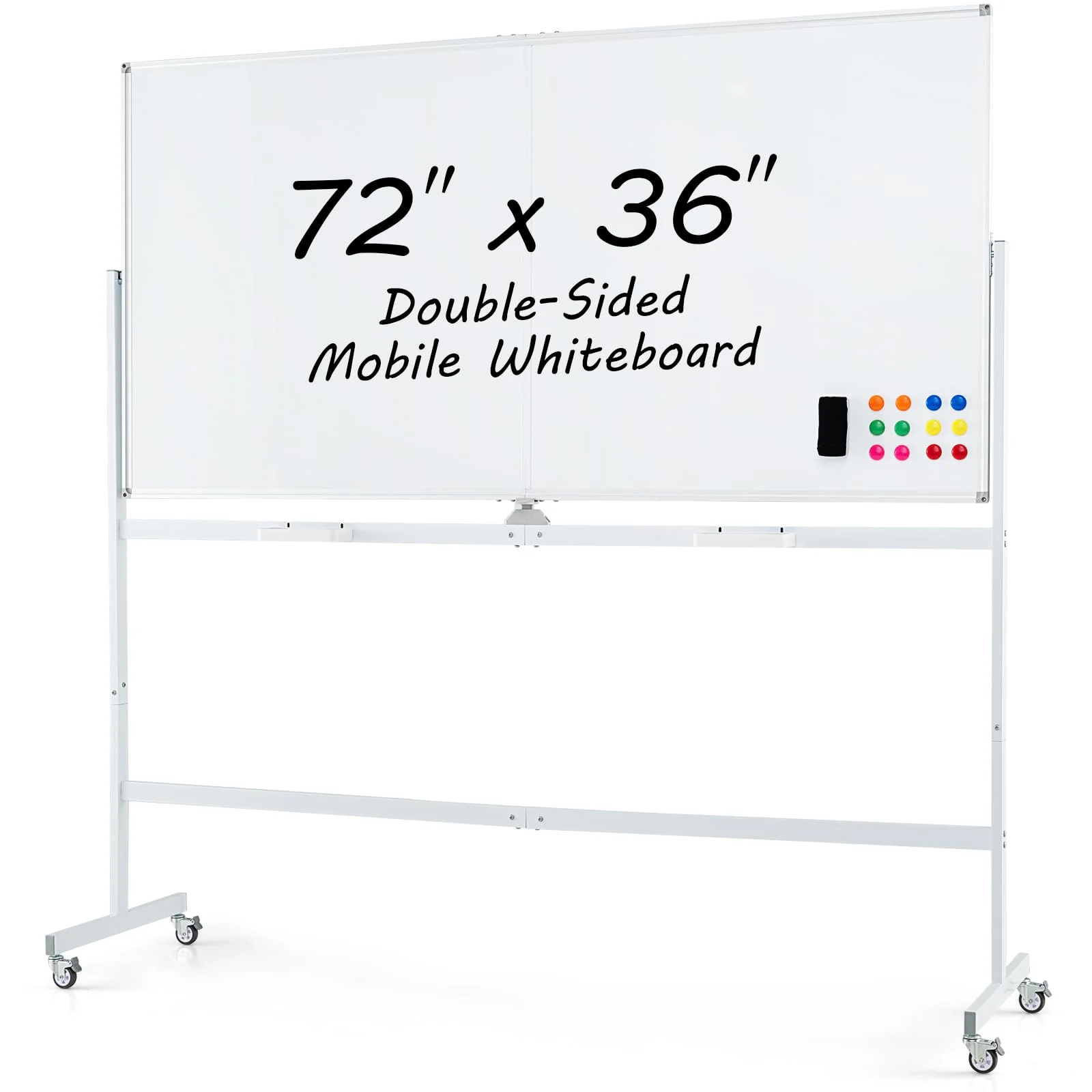 Goplus 72" x 36" Rolling Whiteboard, Double-Sided Magnetic Dry Erase Board with Stand and Aluminum Alloy Frame