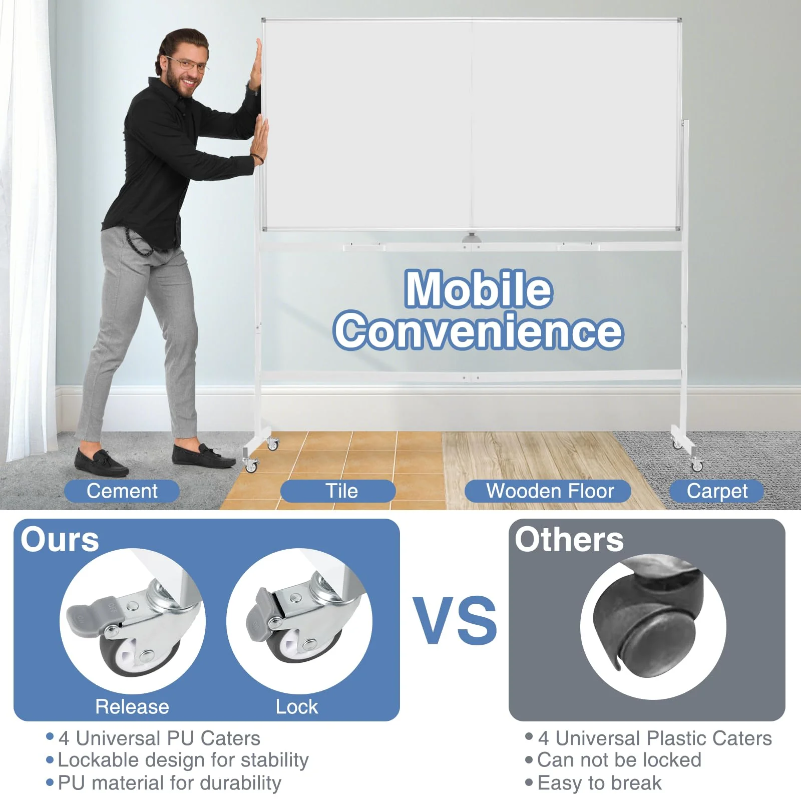 Goplus 72" x 36" Rolling Whiteboard, Double-Sided Magnetic Dry Erase Board with Stand and Aluminum Alloy Frame - Image 3