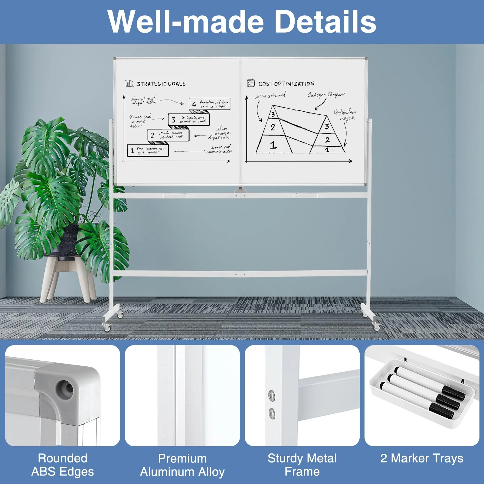 Goplus 72" x 36" Rolling Whiteboard, Double-Sided Magnetic Dry Erase Board with Stand and Aluminum Alloy Frame - Image 8