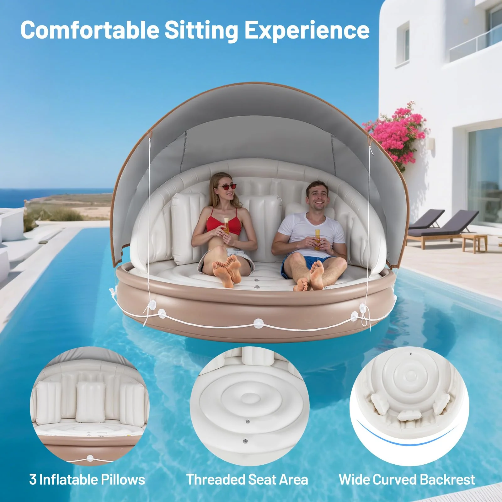 Goplus 73” Tanning Pool Lounger Float with Retractable & Removable Canopy - Image 4