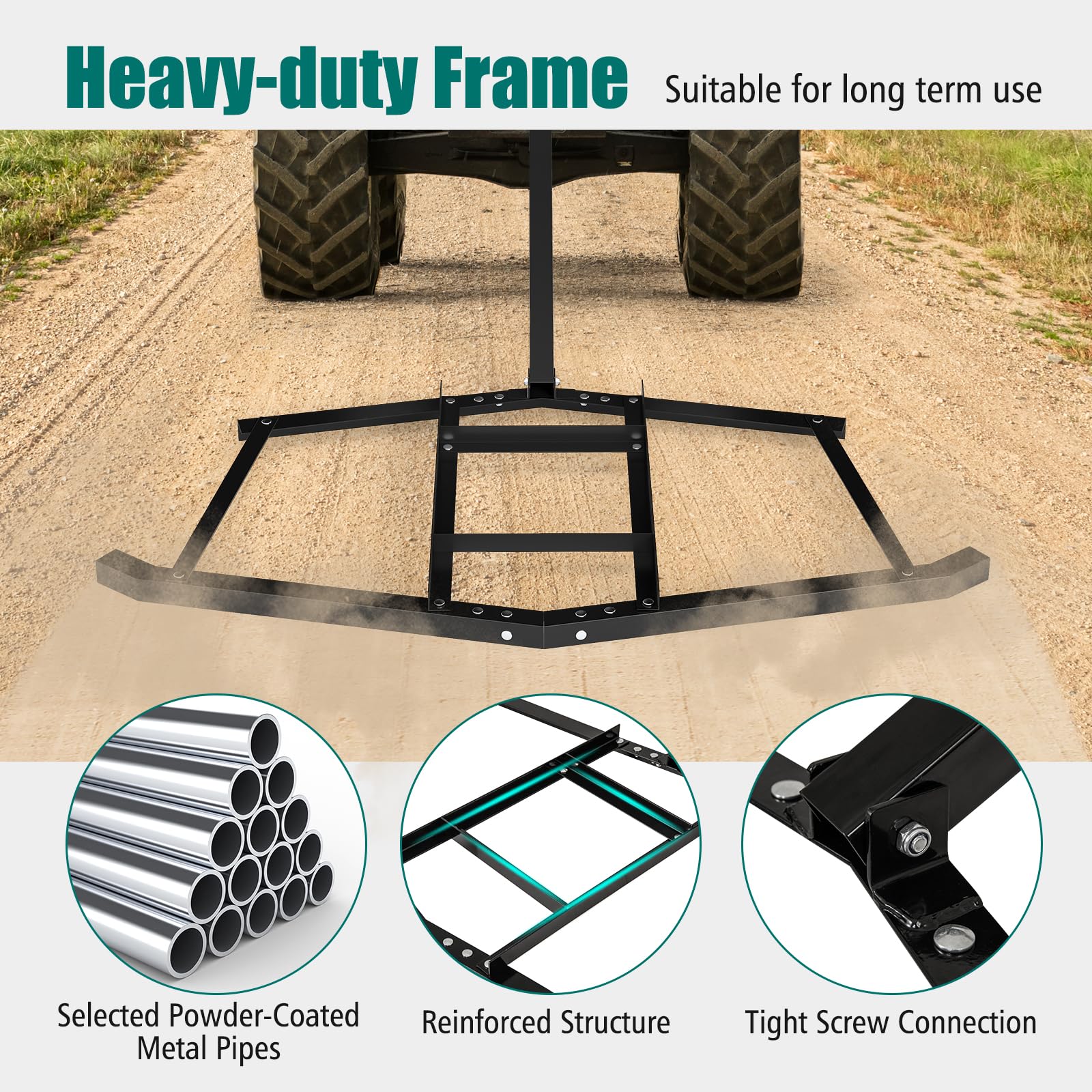 Goplus 74" Wide Driveway Drag Tow Behind Landscape Leveling Rake w/Reinforced Bars - Image 6