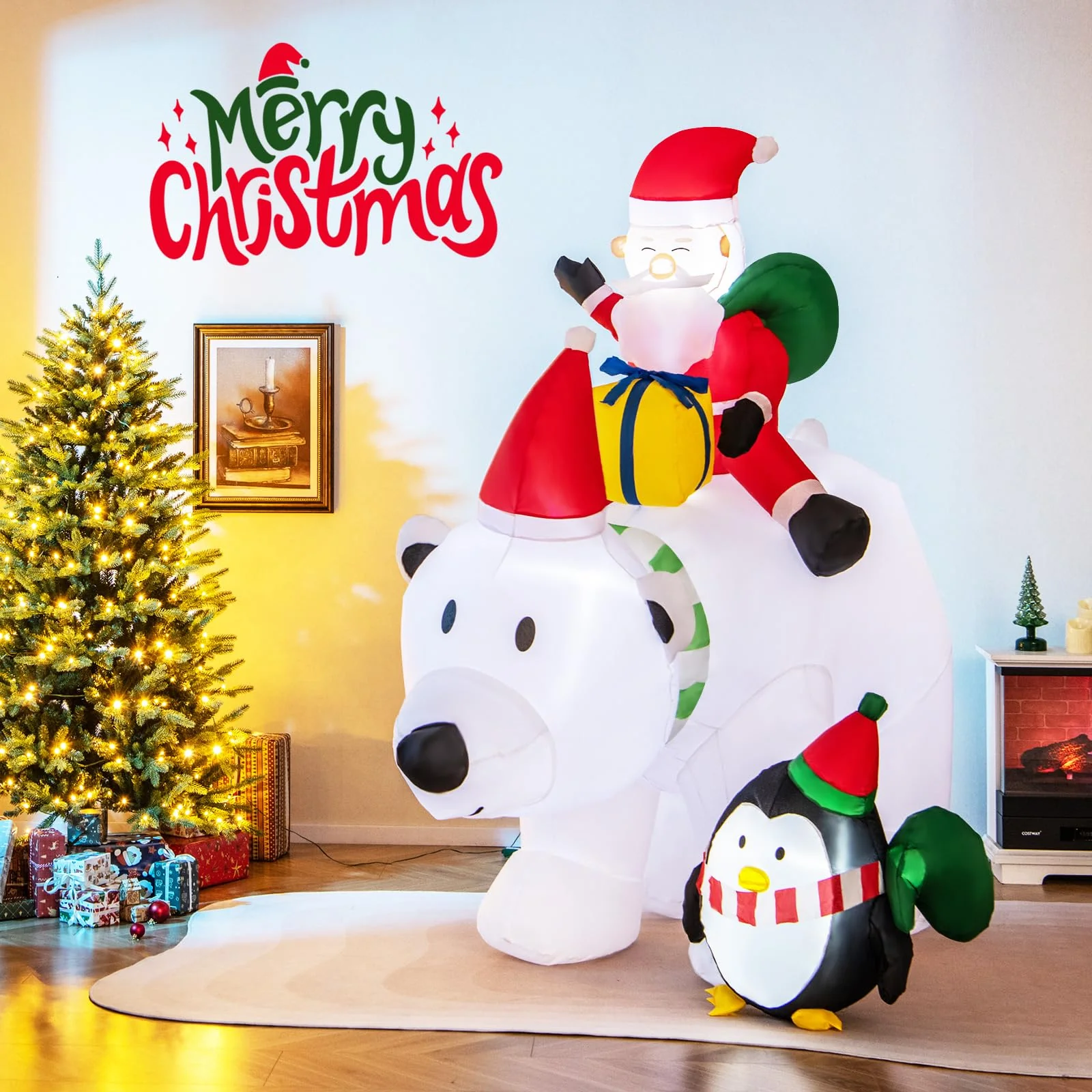 Goplus 7FT Christmas Inflatables, LED Lighted Xmas Inflatable Polar Bear with Shaking Head, Santa & Penguin - Image 2
