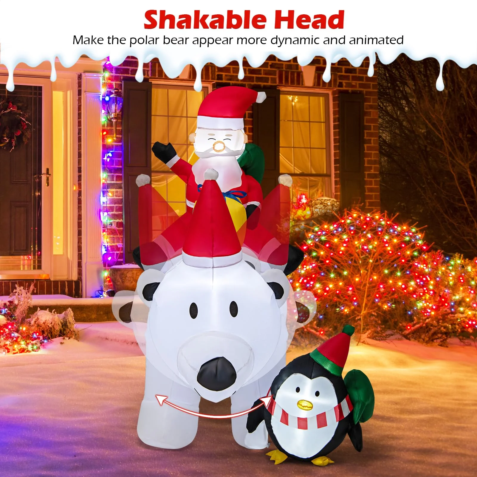 Goplus 7FT Christmas Inflatables, LED Lighted Xmas Inflatable Polar Bear with Shaking Head, Santa & Penguin - Image 3