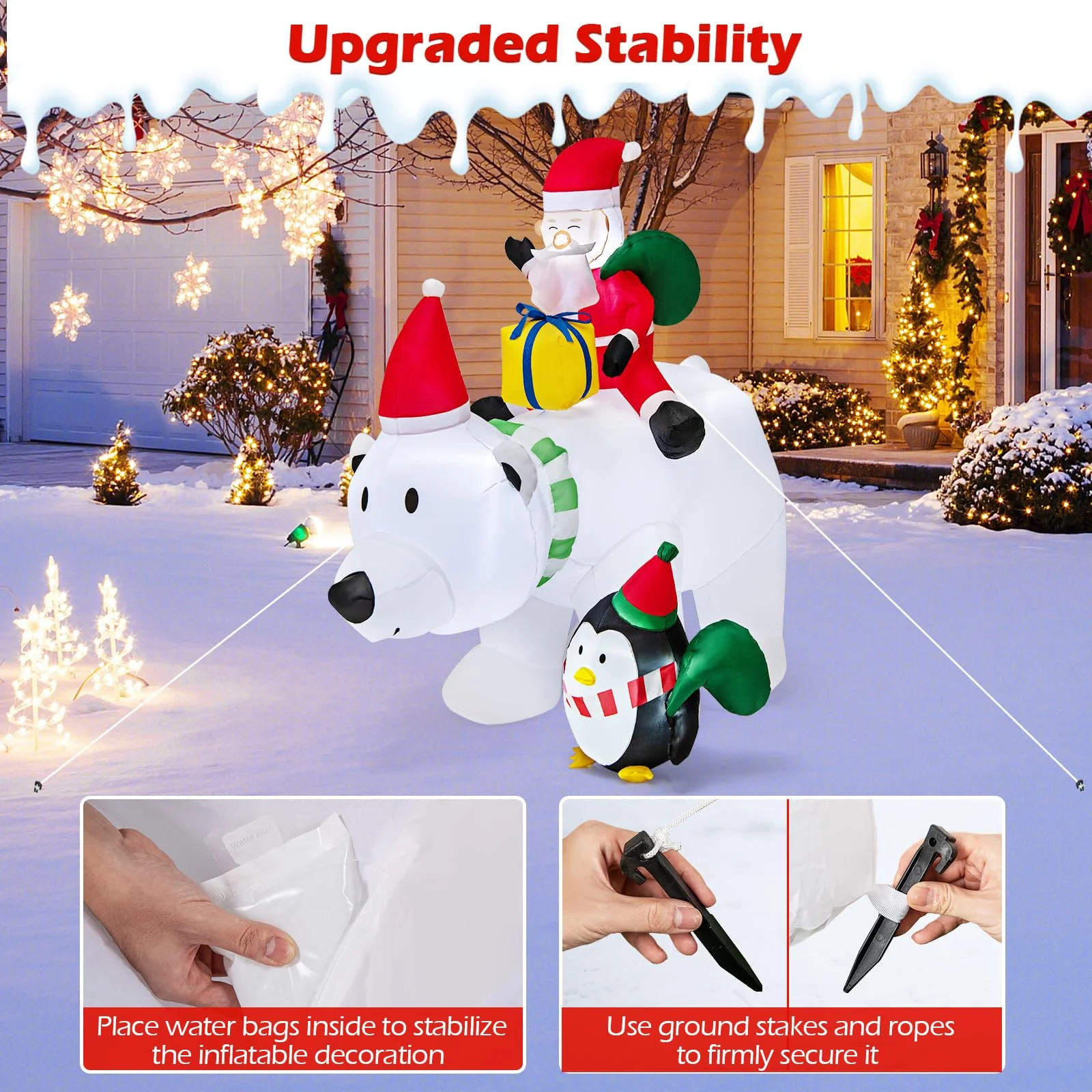 Goplus 7FT Christmas Inflatables, LED Lighted Xmas Inflatable Polar Bear with Shaking Head, Santa & Penguin - Image 6
