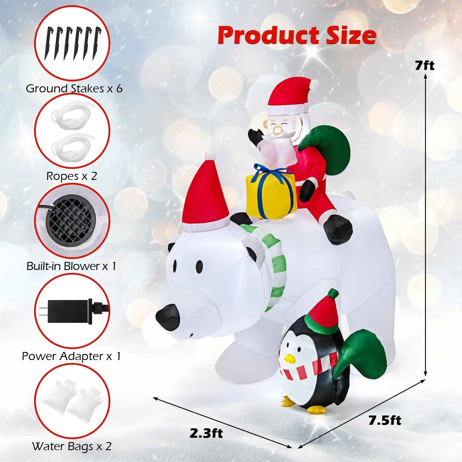 Goplus 7FT Christmas Inflatables, LED Lighted Xmas Inflatable Polar Bear with Shaking Head, Santa & Penguin - Image 7