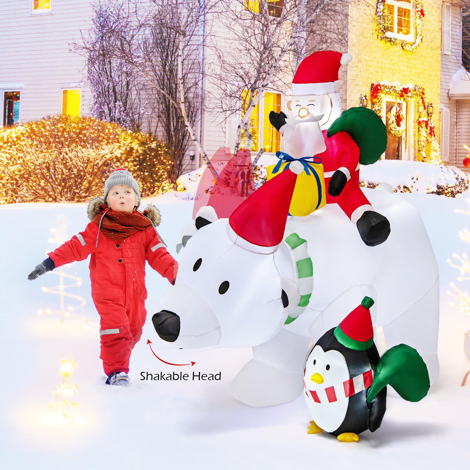 Goplus 7FT Christmas Inflatables, LED Lighted Xmas Inflatable Polar Bear with Shaking Head, Santa & Penguin - Image 9
