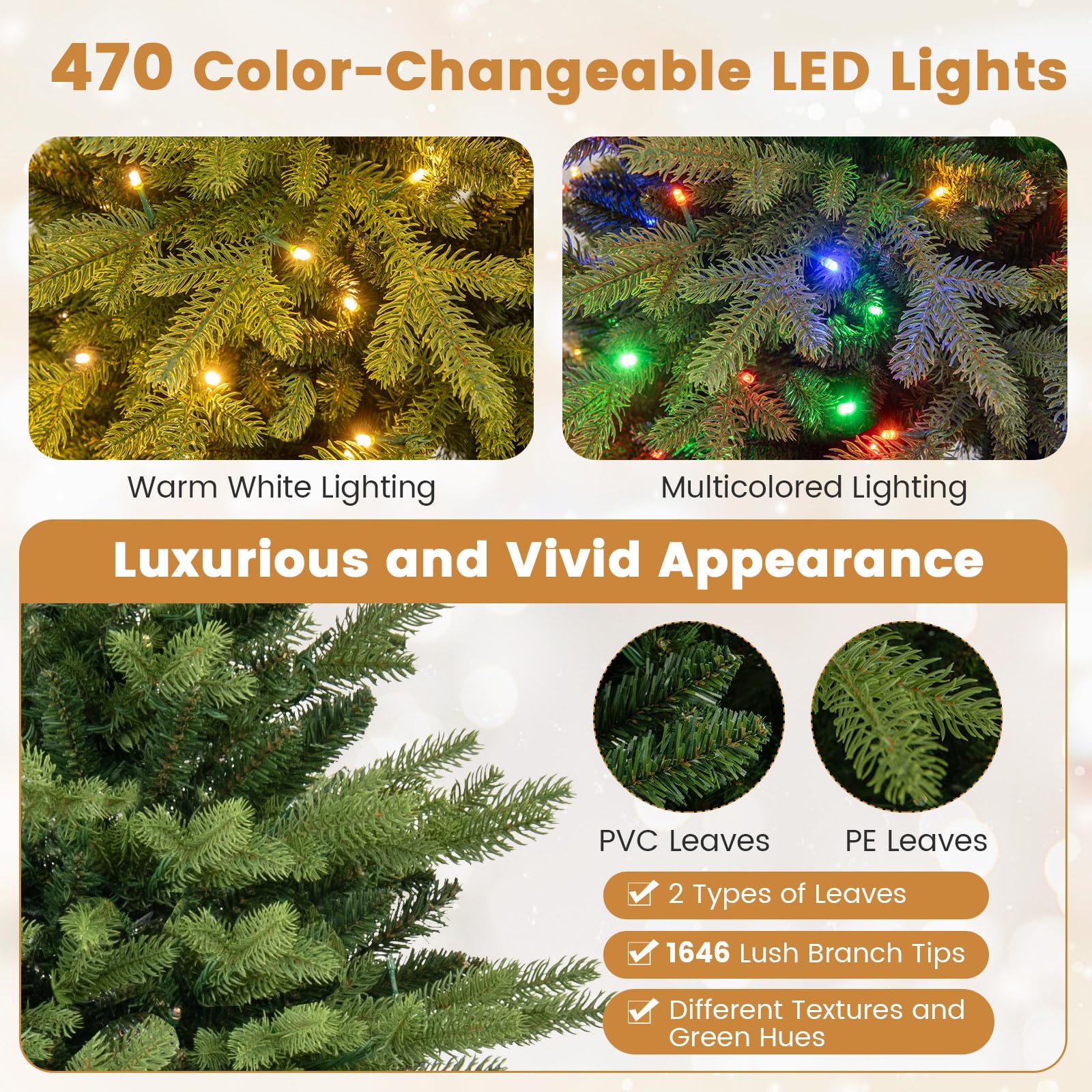 Goplus 7ft Hinged Xmas Full Tree with 470 Warm White & Multicolored LED Lights - Image 4