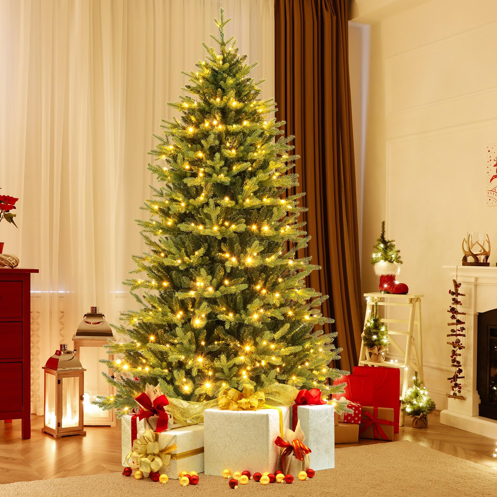 Goplus 7ft Hinged Xmas Full Tree with 470 Warm White & Multicolored LED Lights - Image 8