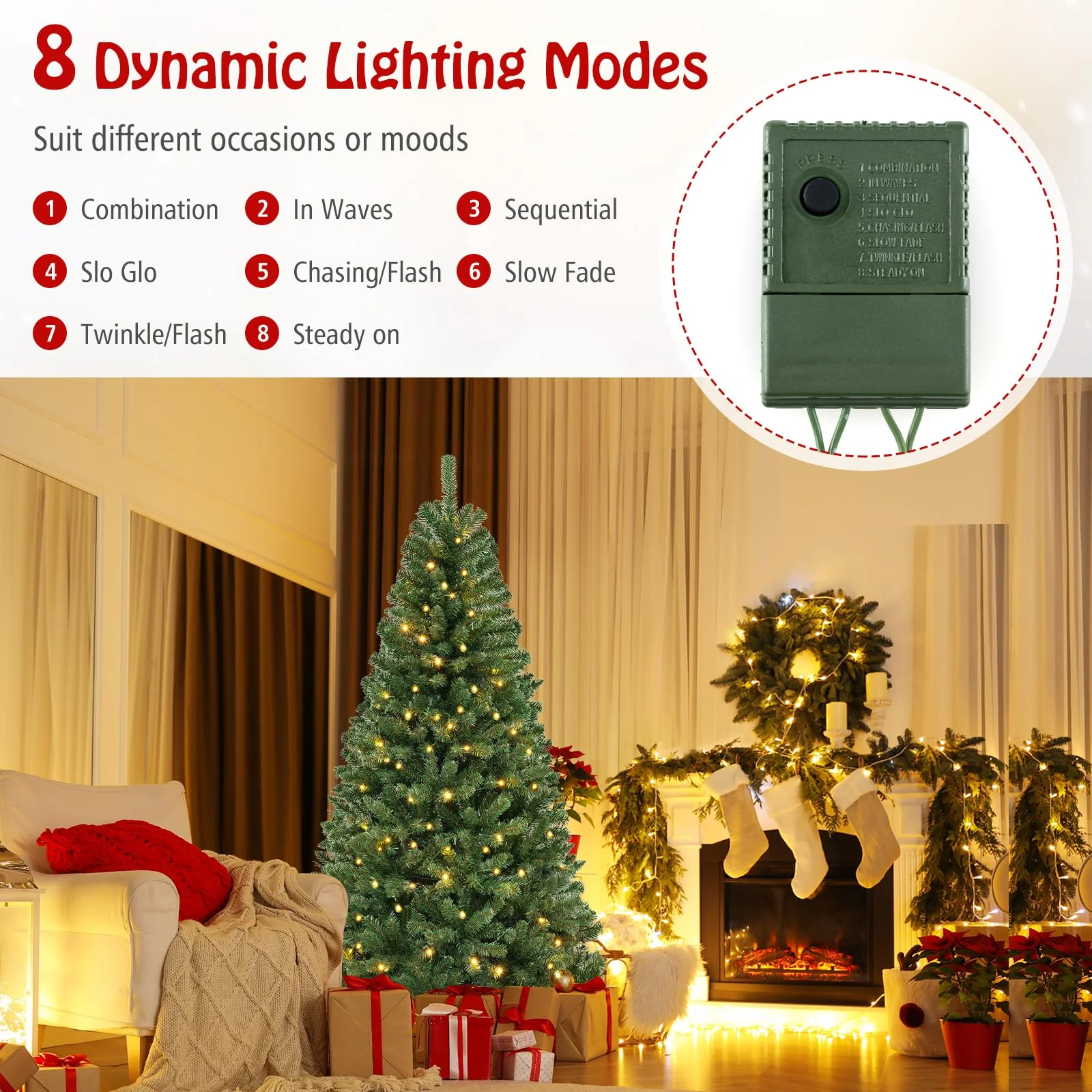 Goplus 7ft Pre-Lit Christmas Tree, Artificial Hinged Xmas Tree with 250 Warm White LED Lights - Image 2