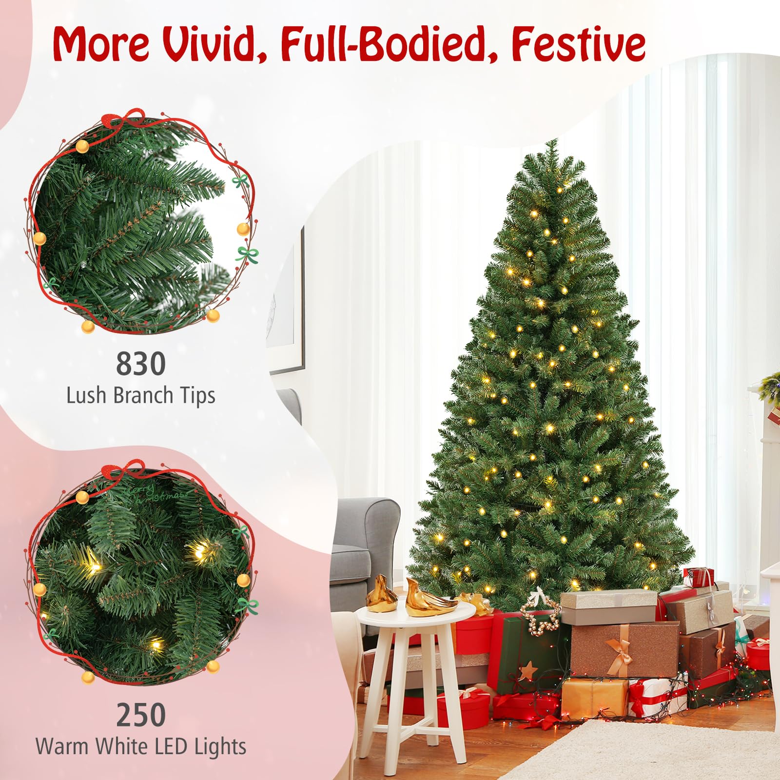 Goplus 7ft Pre-Lit Christmas Tree, Artificial Hinged Xmas Tree with 250 Warm White LED Lights - Image 3