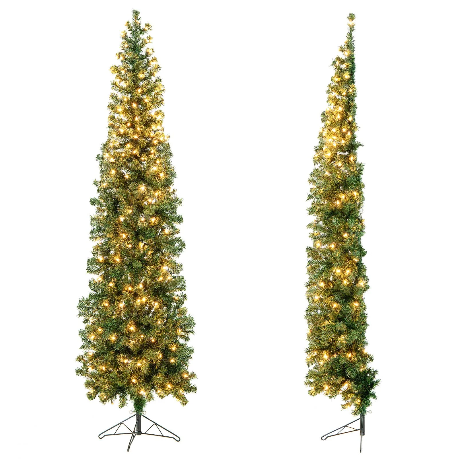 Goplus 7ft Prelit Half-Shape Christmas Tree, Space-Saving Slender Artificial Xmas Tree with 150 LED Lights