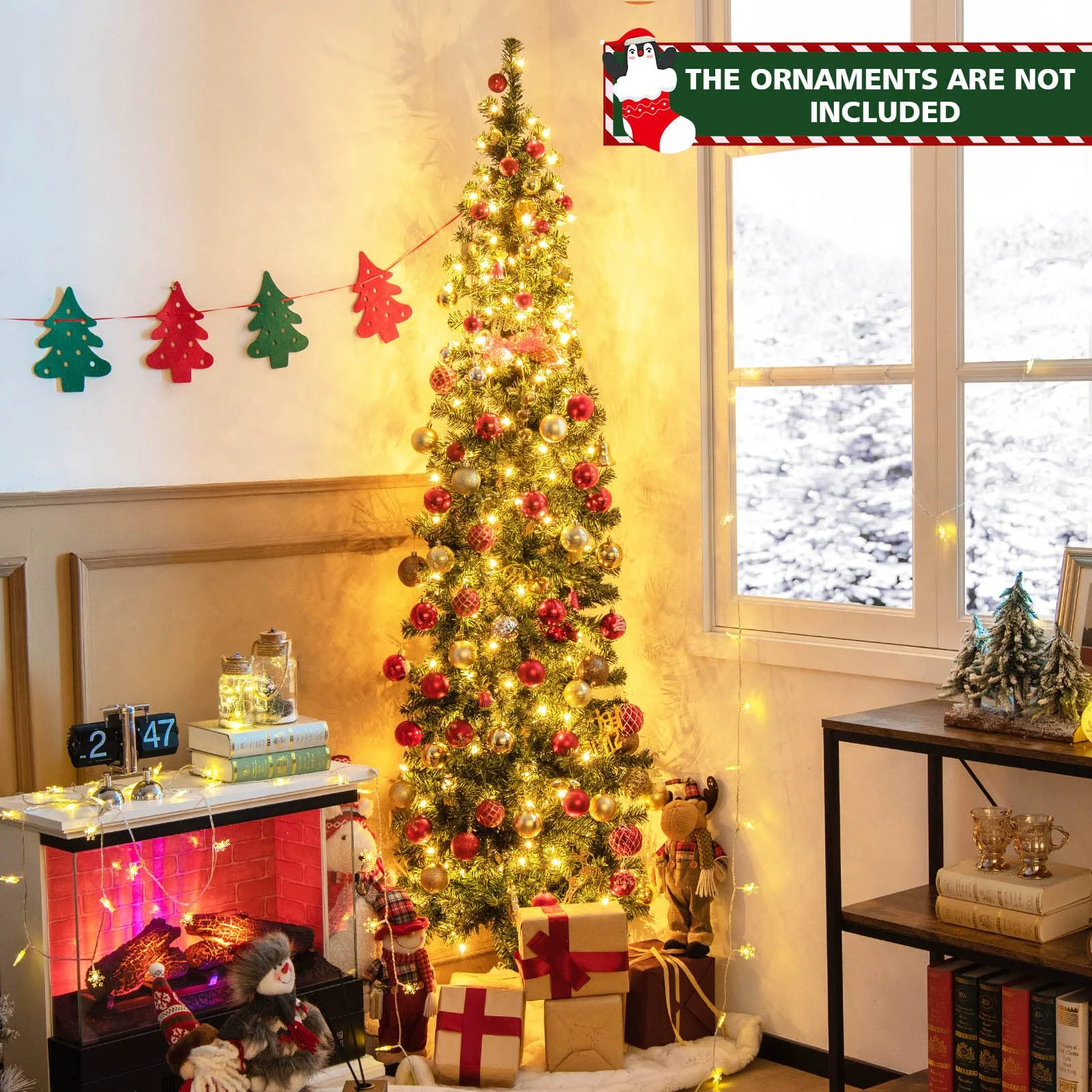 Goplus 7ft Prelit Half-Shape Christmas Tree, Space-Saving Slender Artificial Xmas Tree with 150 LED Lights - Image 2