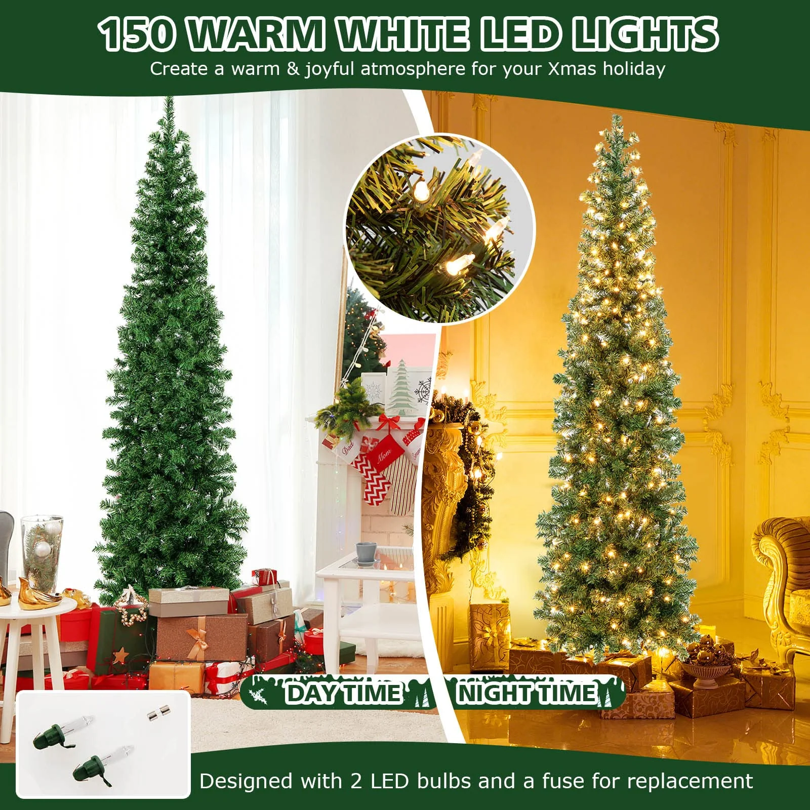 Goplus 7ft Prelit Half-Shape Christmas Tree, Space-Saving Slender Artificial Xmas Tree with 150 LED Lights - Image 3