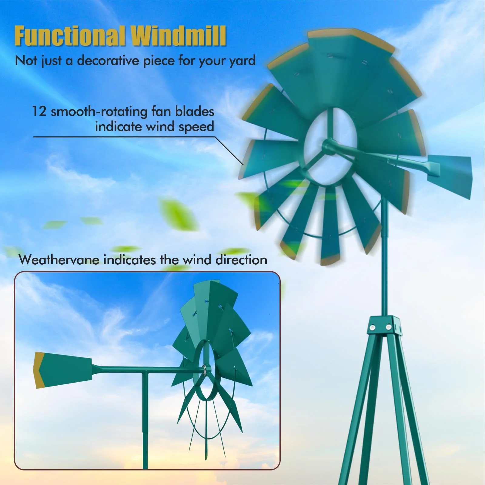 Goplus 8 ft Ornamental Windmill, All-Weather Metal Wind Mill w/ 4 Support Legs, Decorative Weathervane - Image 3