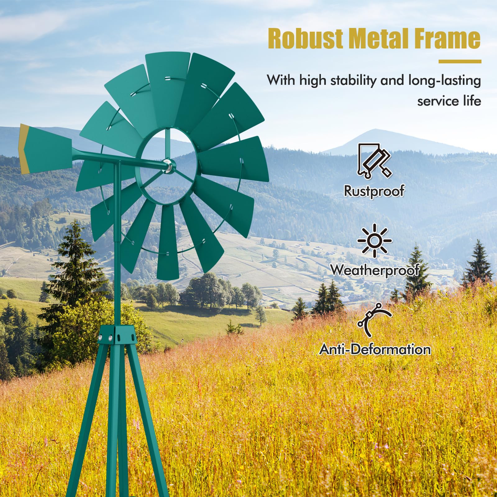 Goplus 8 ft Ornamental Windmill, All-Weather Metal Wind Mill w/ 4 Support Legs, Decorative Weathervane - Image 4