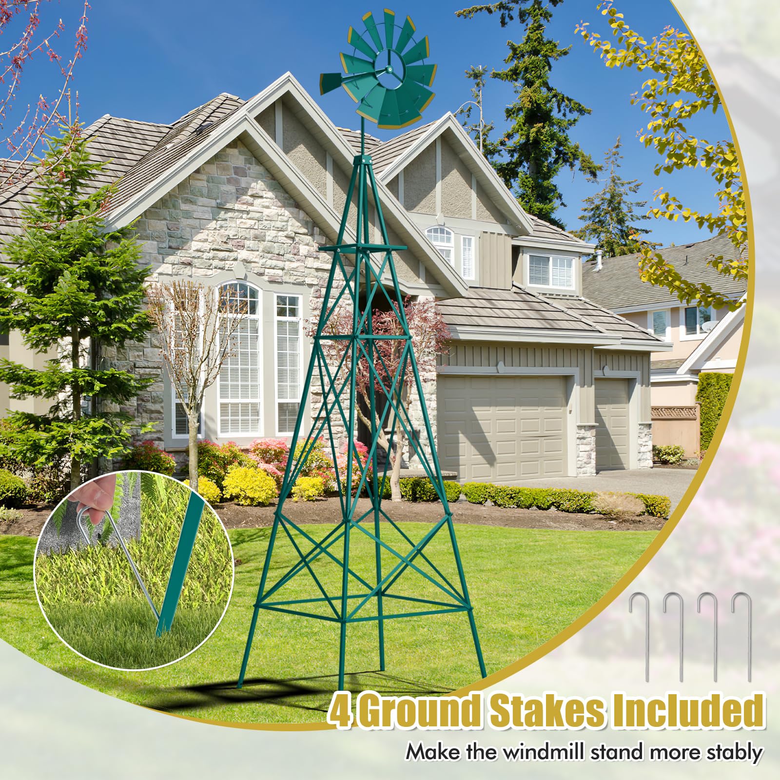 Goplus 8 ft Ornamental Windmill, All-Weather Metal Wind Mill w/ 4 Support Legs, Decorative Weathervane - Image 5
