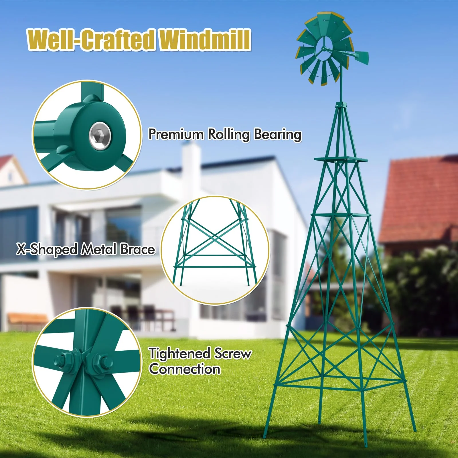 Goplus 8 ft Ornamental Windmill, All-Weather Metal Wind Mill w/ 4 Support Legs, Decorative Weathervane - Image 6