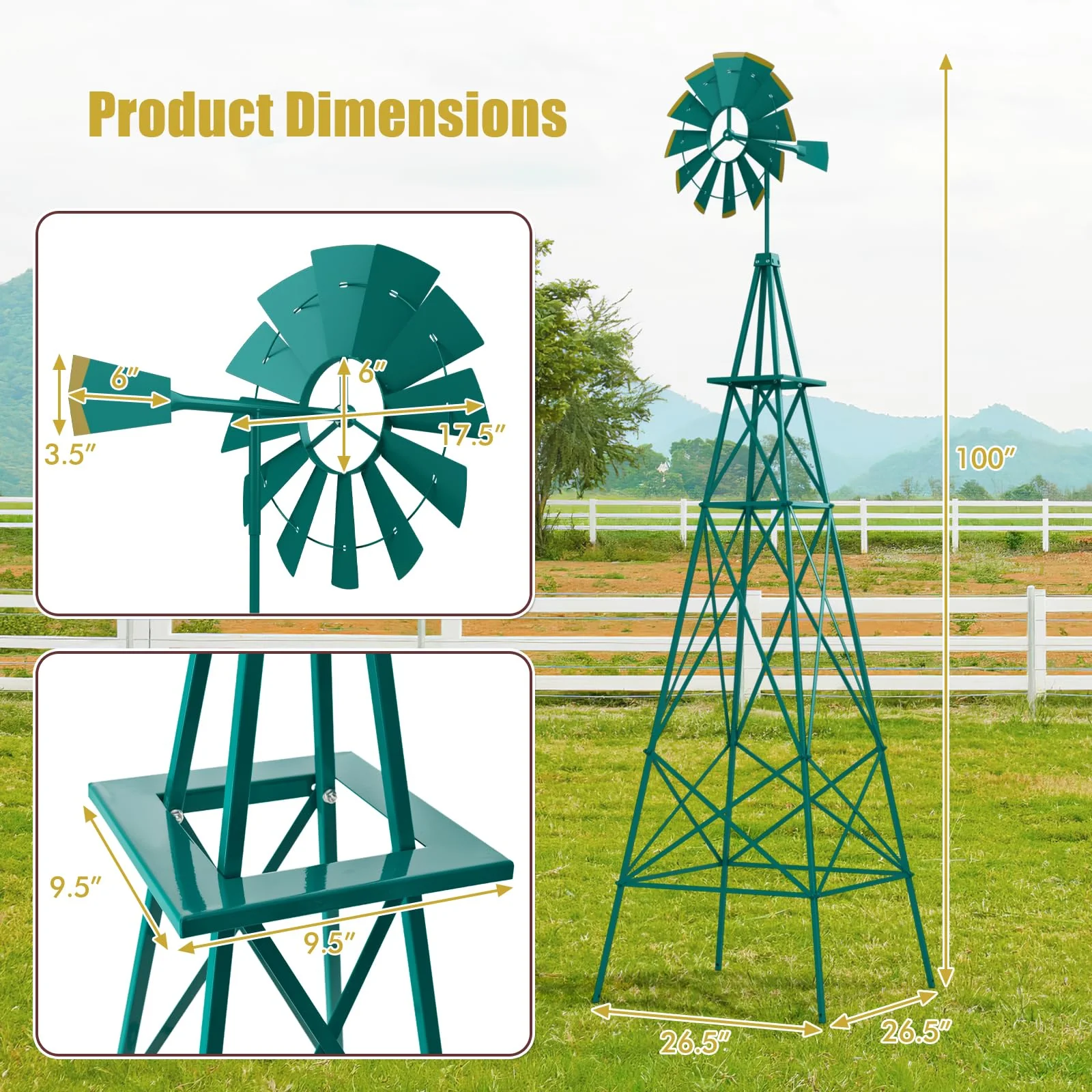 Goplus 8 ft Ornamental Windmill, All-Weather Metal Wind Mill w/ 4 Support Legs, Decorative Weathervane - Image 7