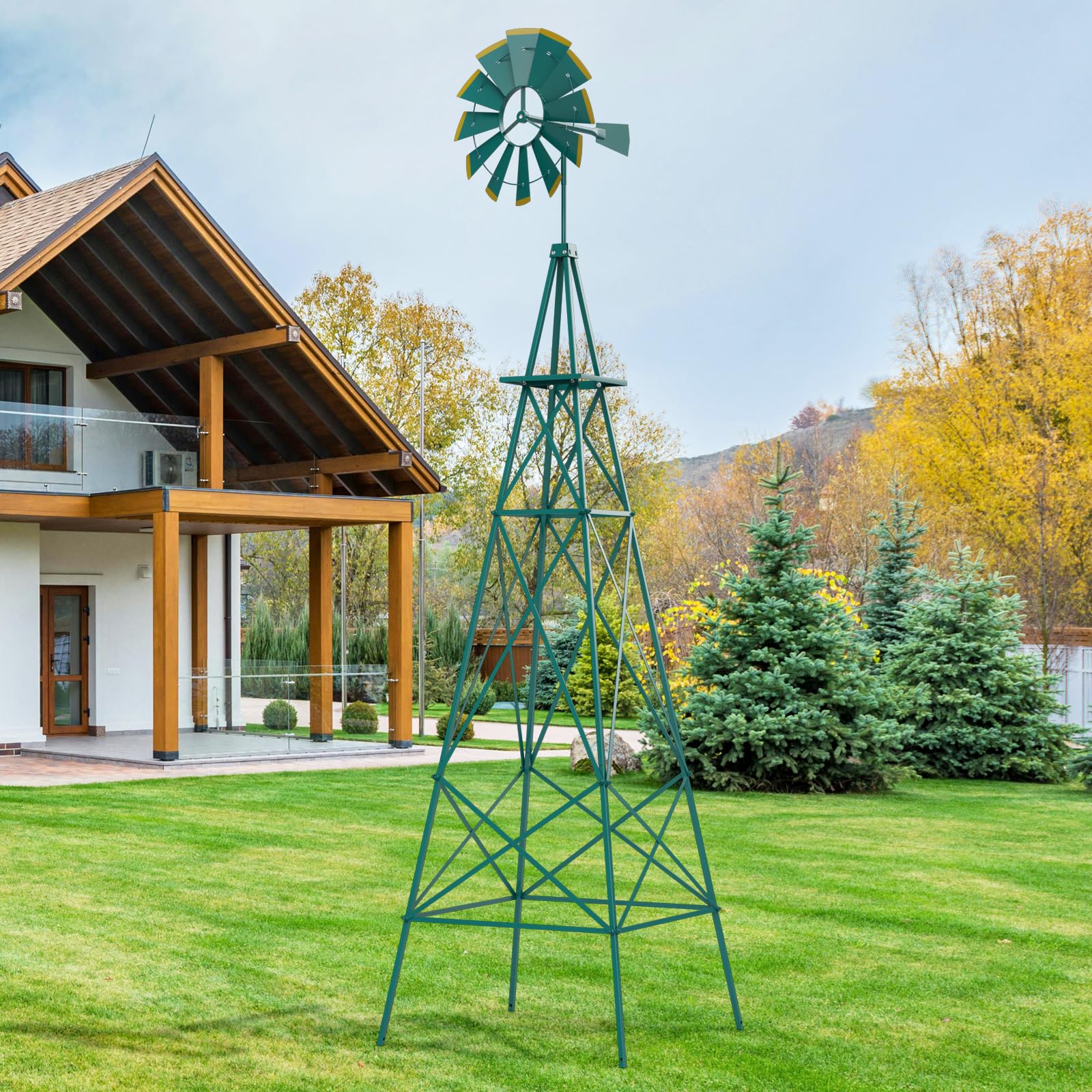 Goplus 8 ft Ornamental Windmill, All-Weather Metal Wind Mill w/ 4 Support Legs, Decorative Weathervane - Image 8