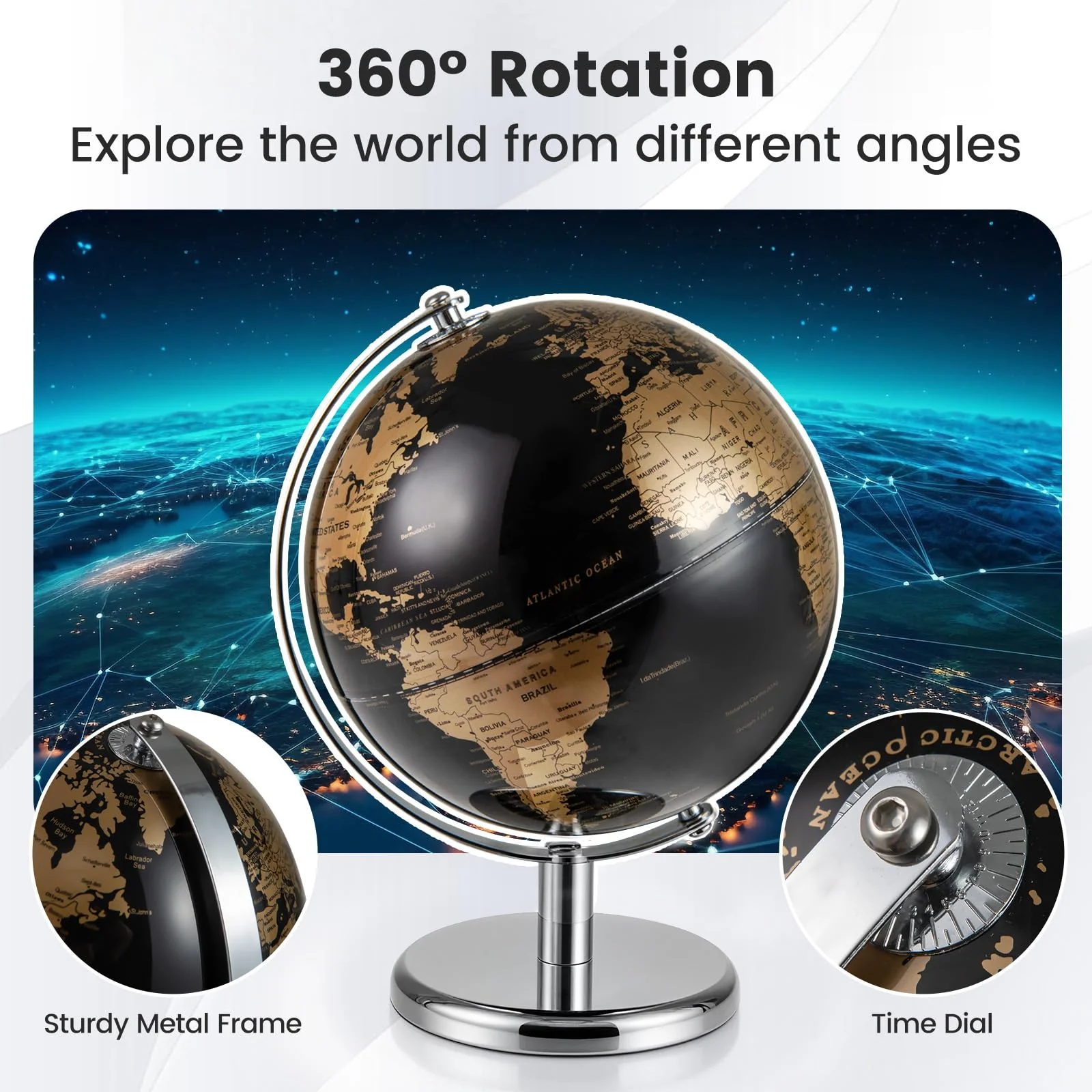 Goplus 8-Inch Metallic Black World Globe Educational Learning Toy - Image 4