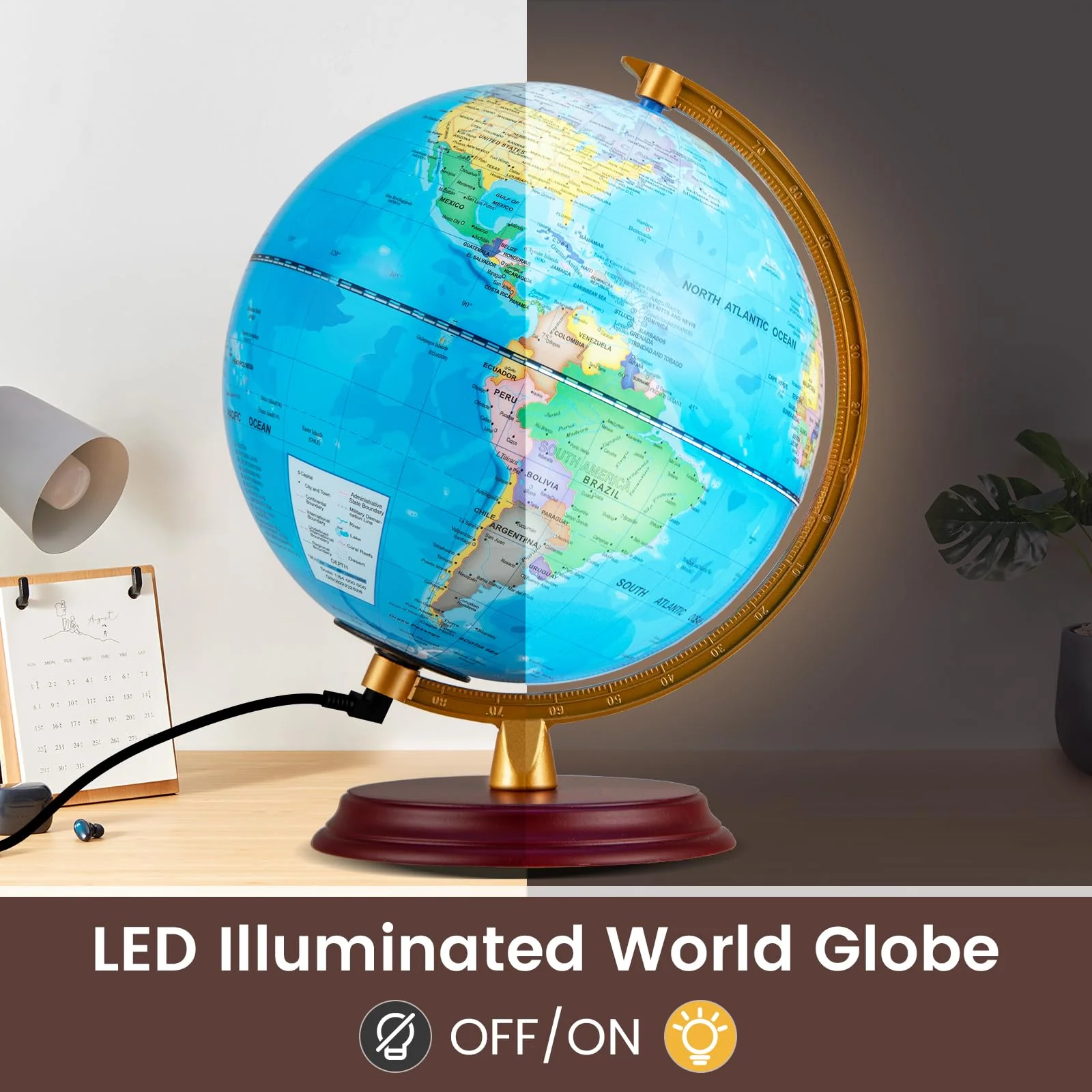 Goplus 8 Inch Night Light up Globe Lamp with Wooden Stand and HD Map for Kids Adults - Image 3