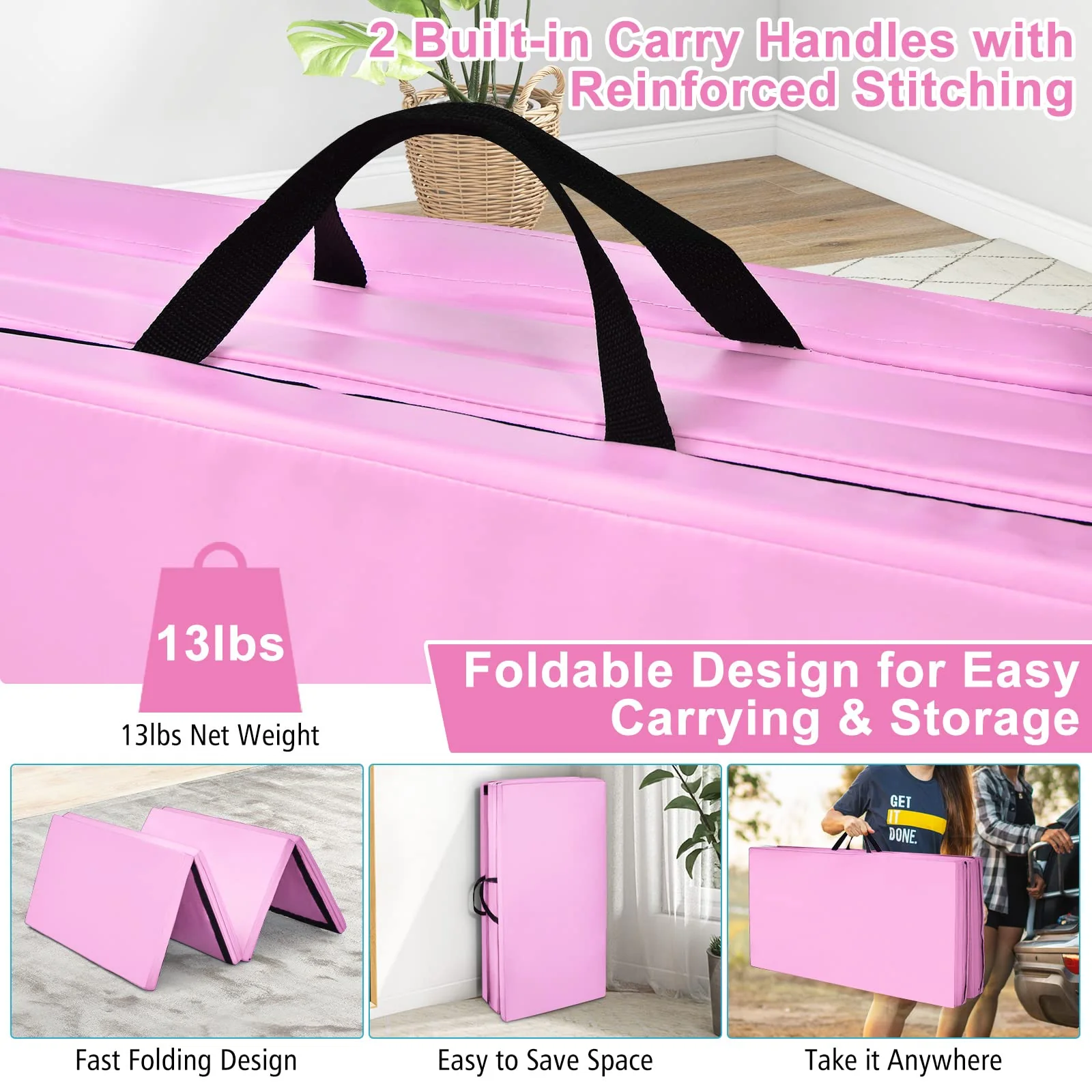 Goplus 8' x 4' Folding Gymnastics Mat, 2" Thick 4 Fold Exercise Tumbling Mat with Carrying Handles for Home Gym Fitness - Image 4