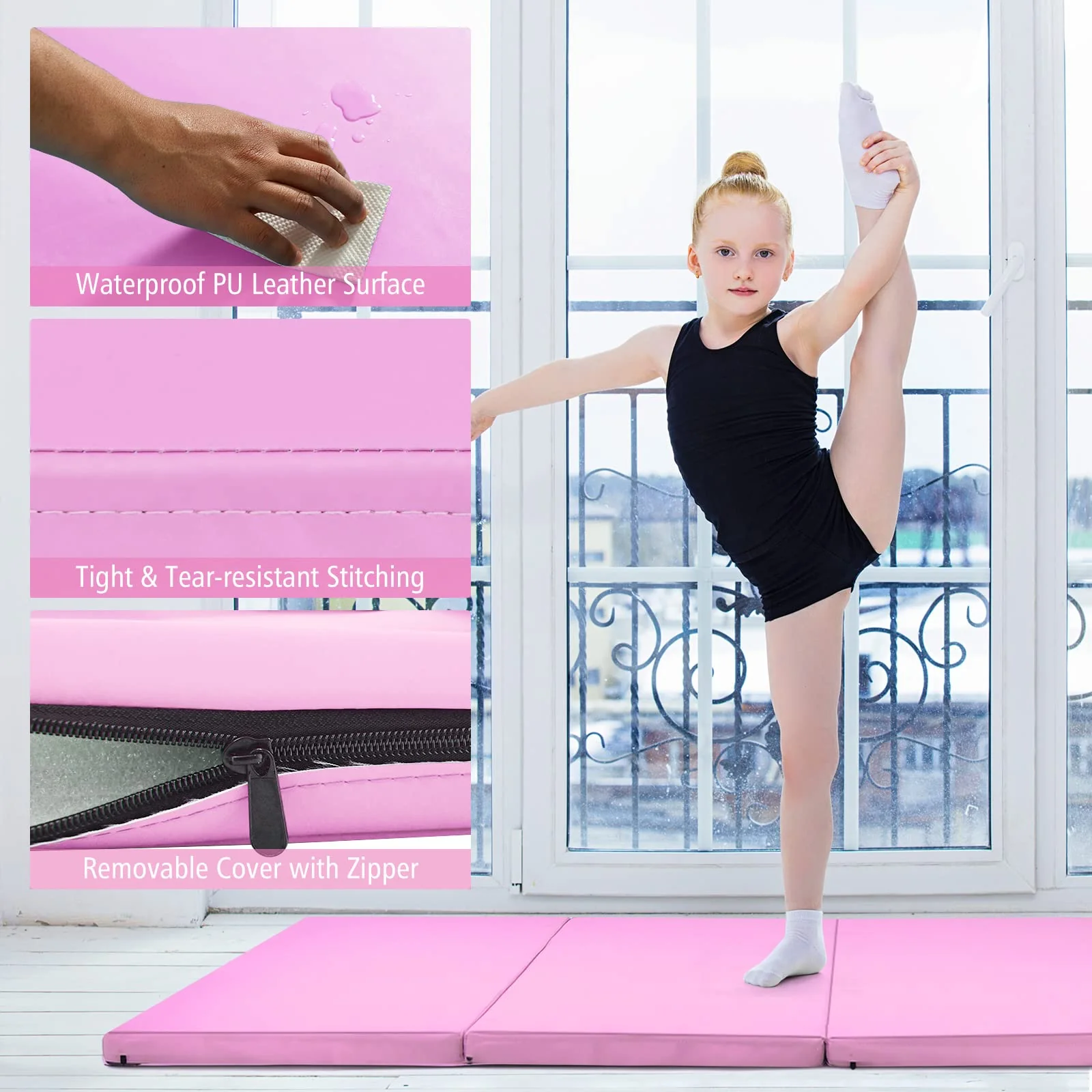 Goplus 8' x 4' Folding Gymnastics Mat, 2" Thick 4 Fold Exercise Tumbling Mat with Carrying Handles for Home Gym Fitness - Image 5
