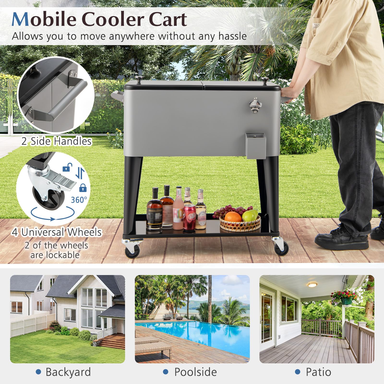 Goplus 80-Quart Rolling Ice Chest Outdoor Cooler Cart with Wheels and Stoage Shelf - Image 4